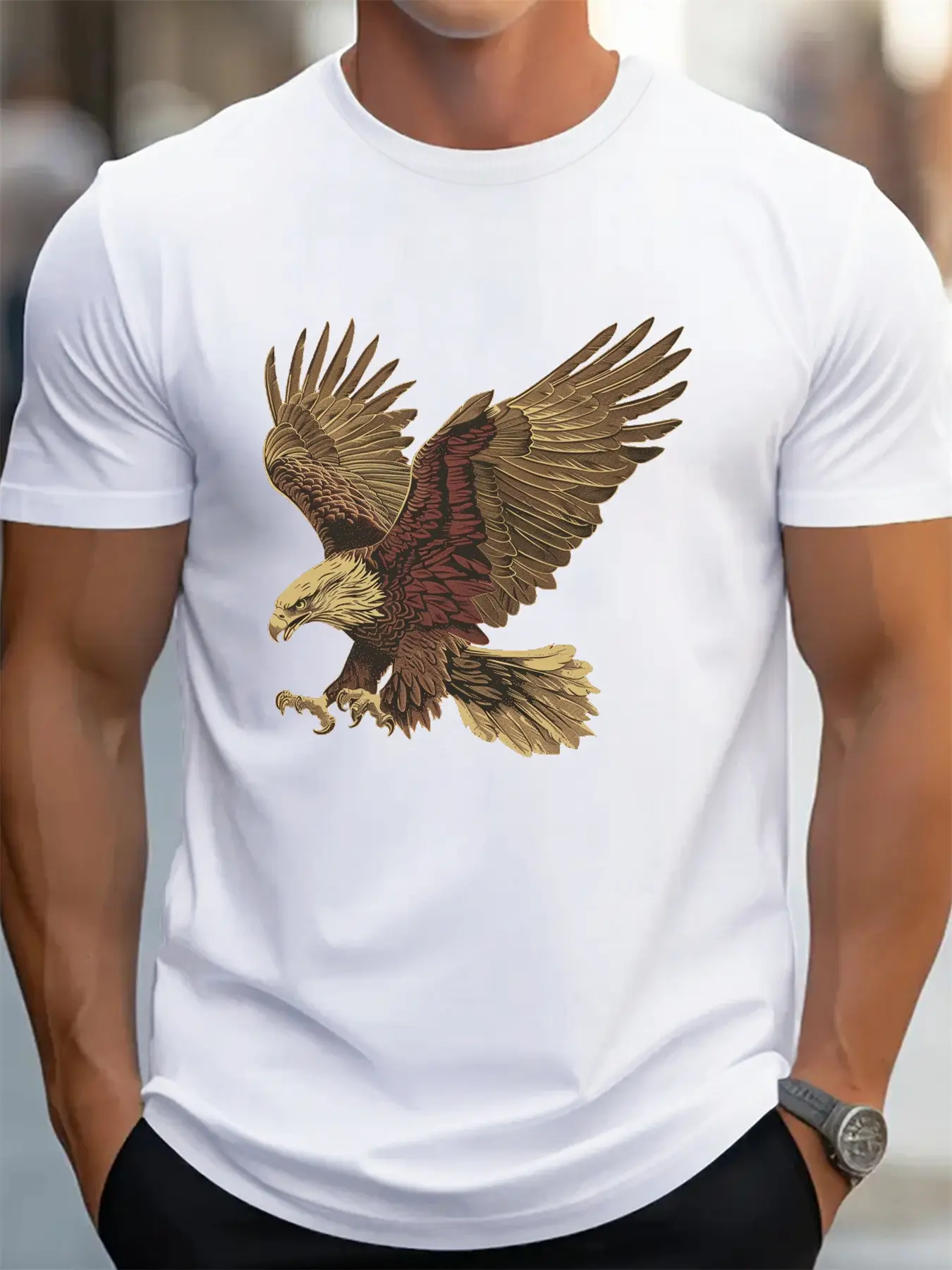 Men's summer 100 cotton fashionable casual loose fit plus eagle print sports round neck short sleeved T-shirt top