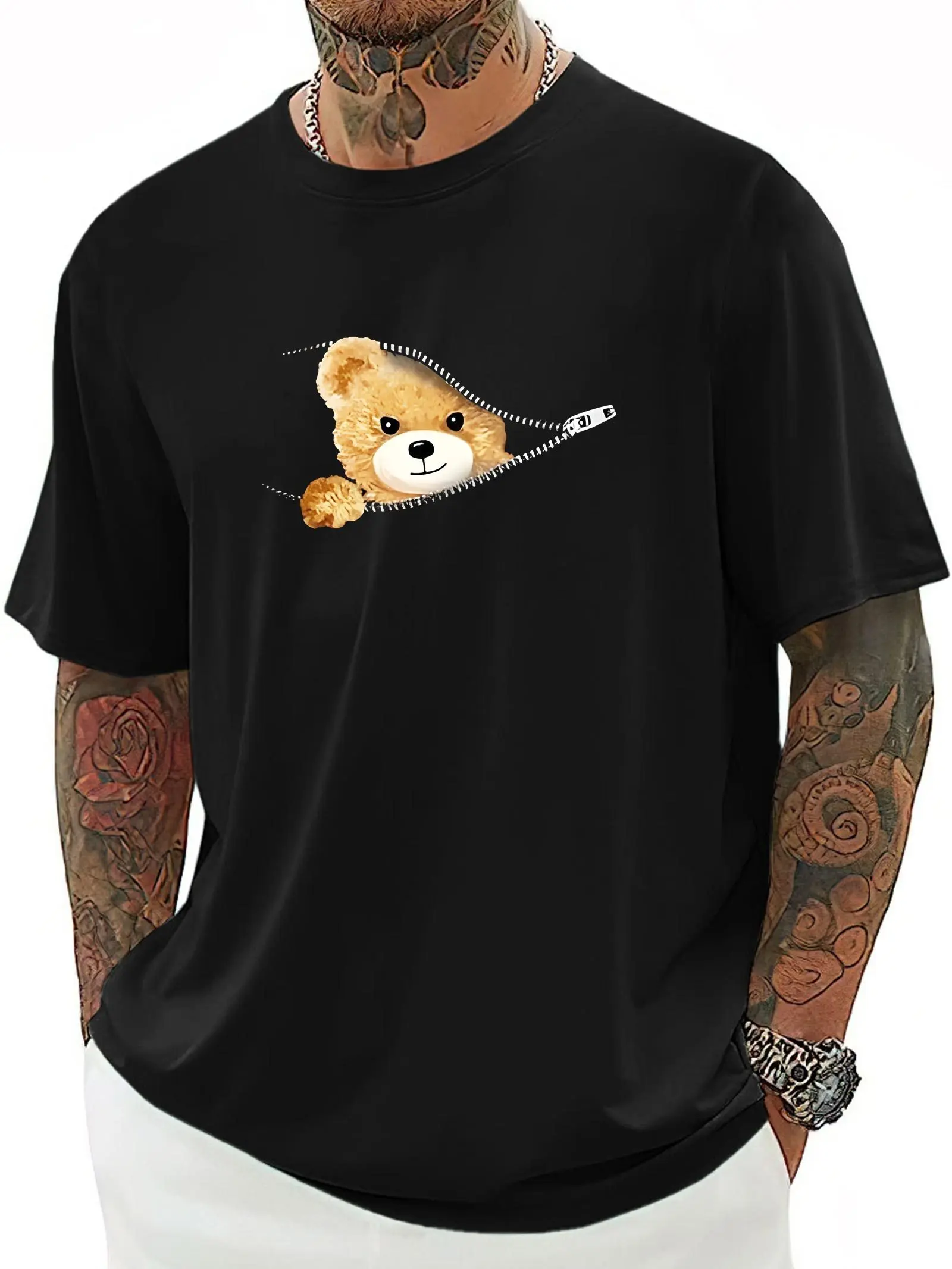 Summer Men's 100% Cotton Casual Loose Large Cartoon Cute Bear Printed Sports Comfortable Round Neck Short Sleeve T-shirt Top