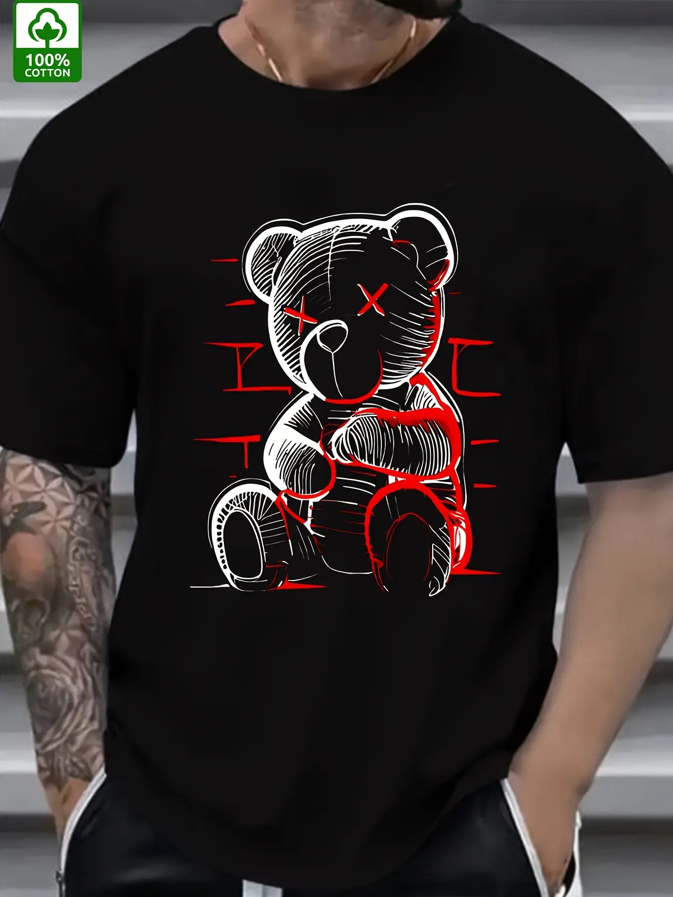 Men's summer 100% pure cotton fashionable casual loose devil bear pattern printed sports round neck short sleeved T-shirt top