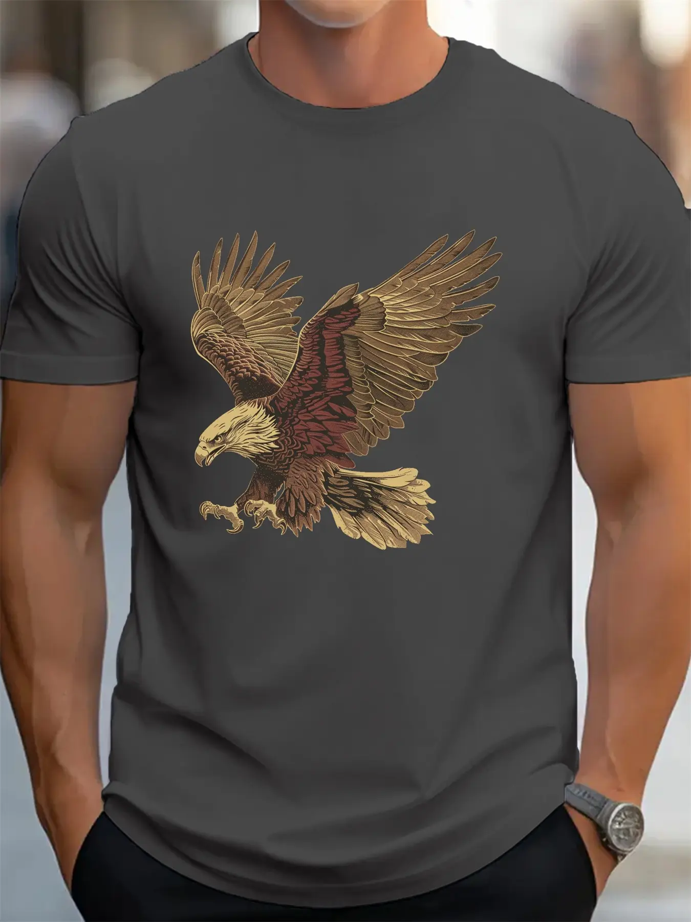 Men's summer 100 cotton fashionable casual loose fit plus eagle print sports round neck short sleeved T-shirt top