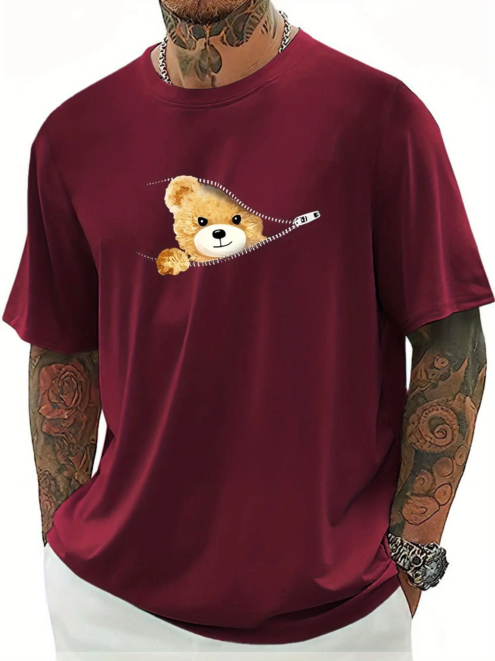 Summer Men's 100% Cotton Casual Loose Large Cartoon Cute Bear Printed Sports Comfortable Round Neck Short Sleeve T-shirt Top