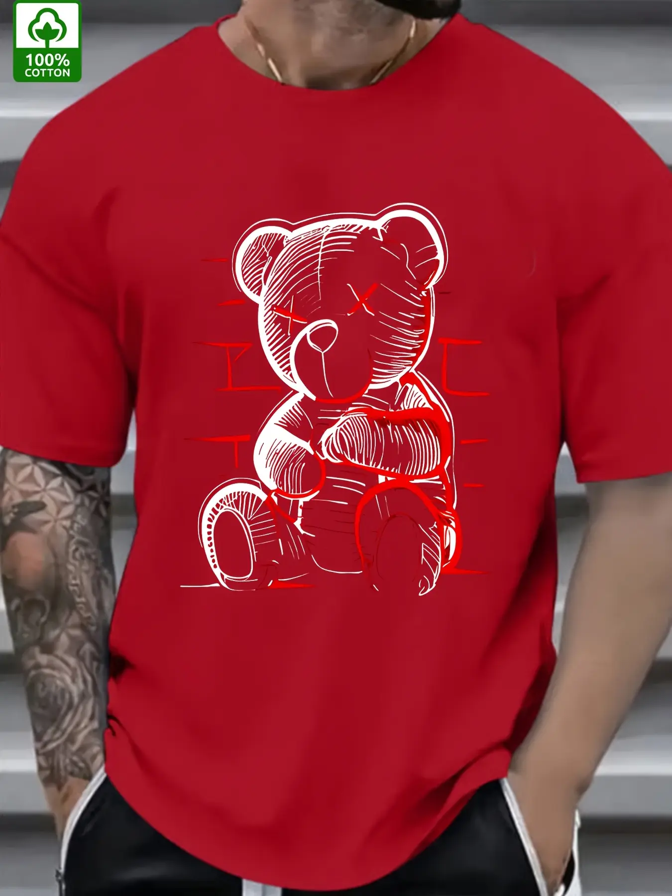 Men's summer 100% pure cotton fashionable casual loose devil bear pattern printed sports round neck short sleeved T-shirt top