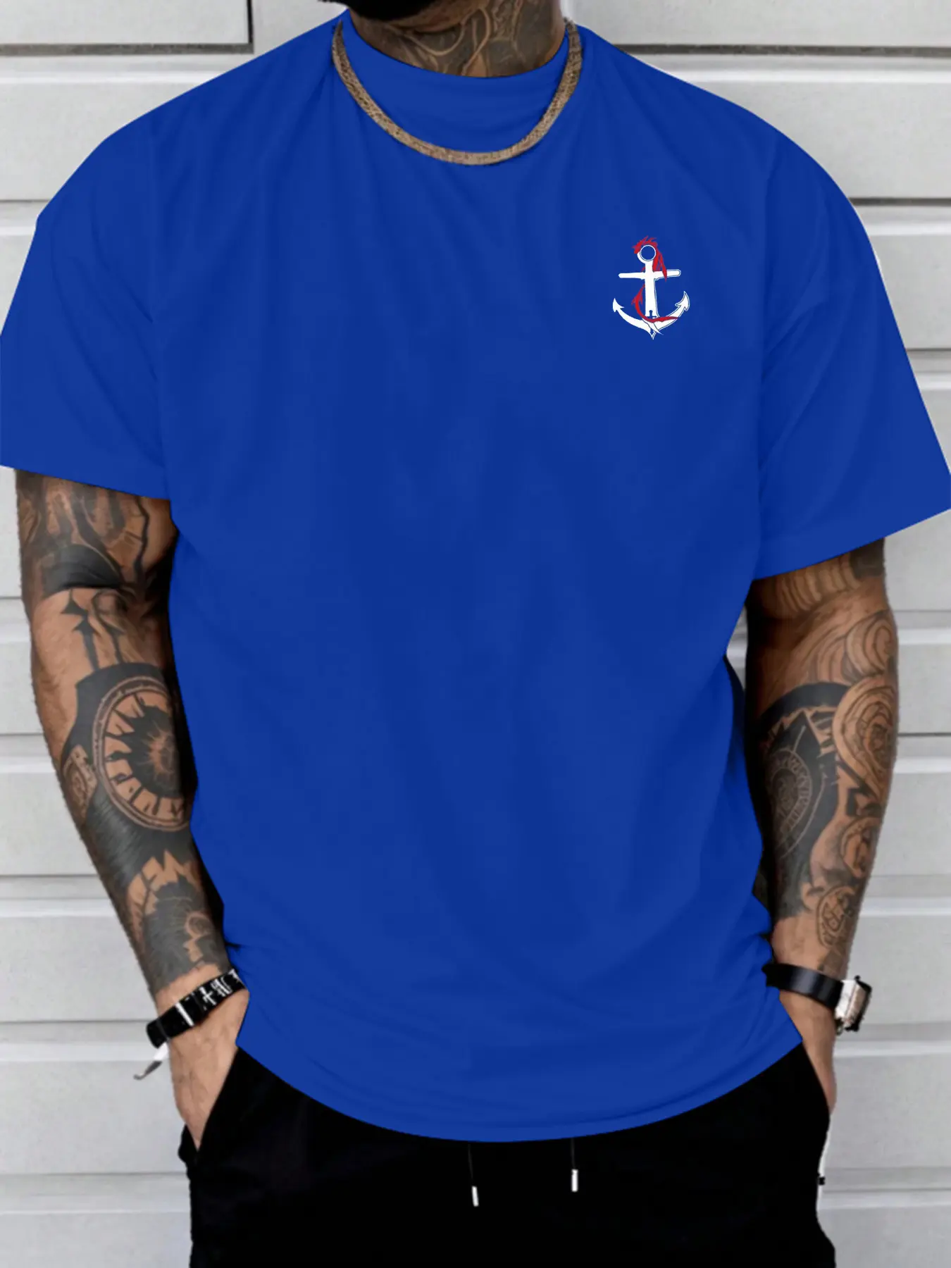 Men's summer 100% cotton fashionable casual loose sports dragon and boat anchor pattern printed round neck short sleeved T-shirt