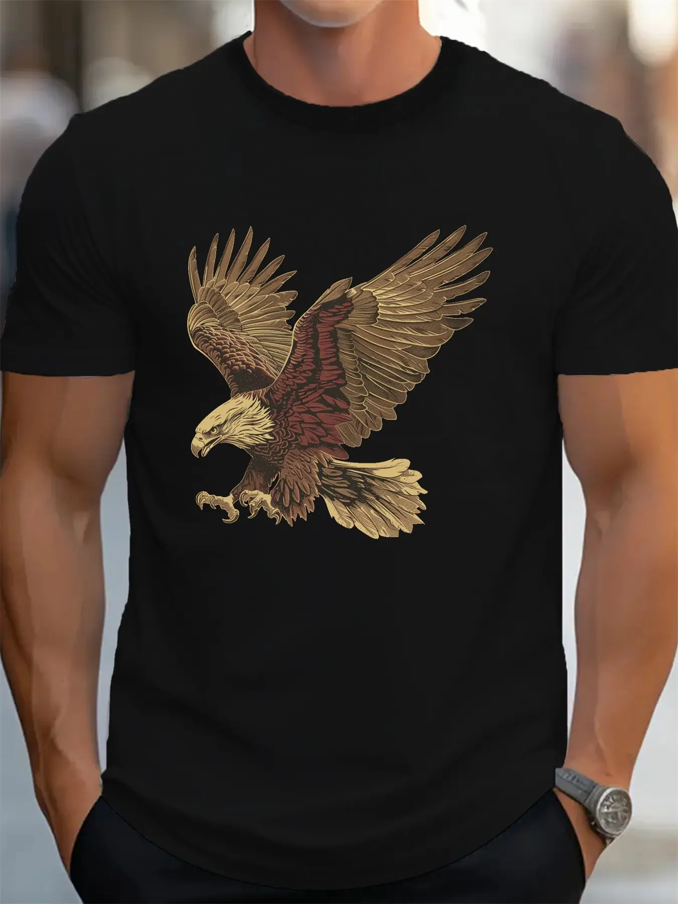 Men's summer 100 cotton fashionable casual loose fit plus eagle print sports round neck short sleeved T-shirt top