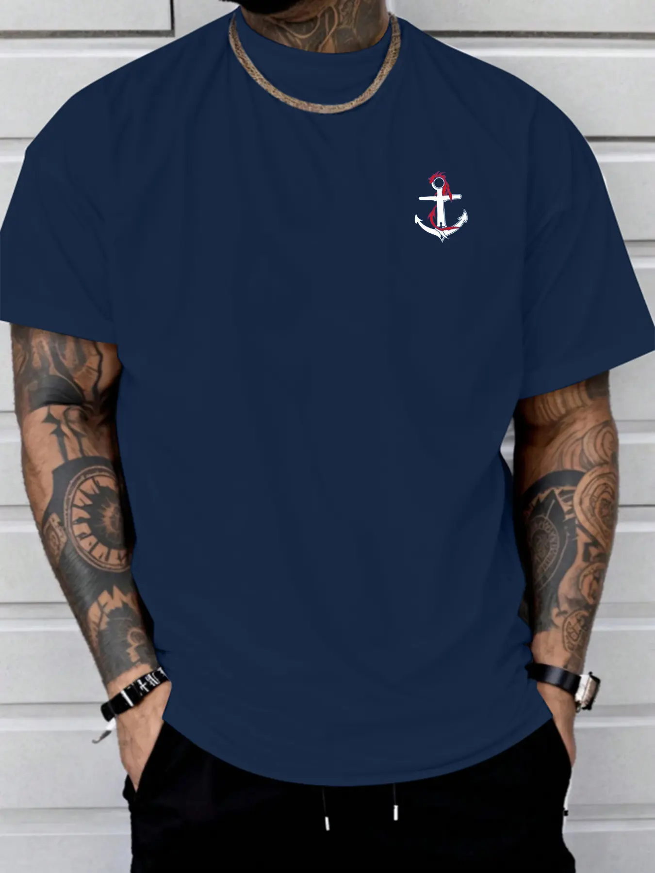 Men's summer 100% cotton fashionable casual loose sports dragon and boat anchor pattern printed round neck short sleeved T-shirt