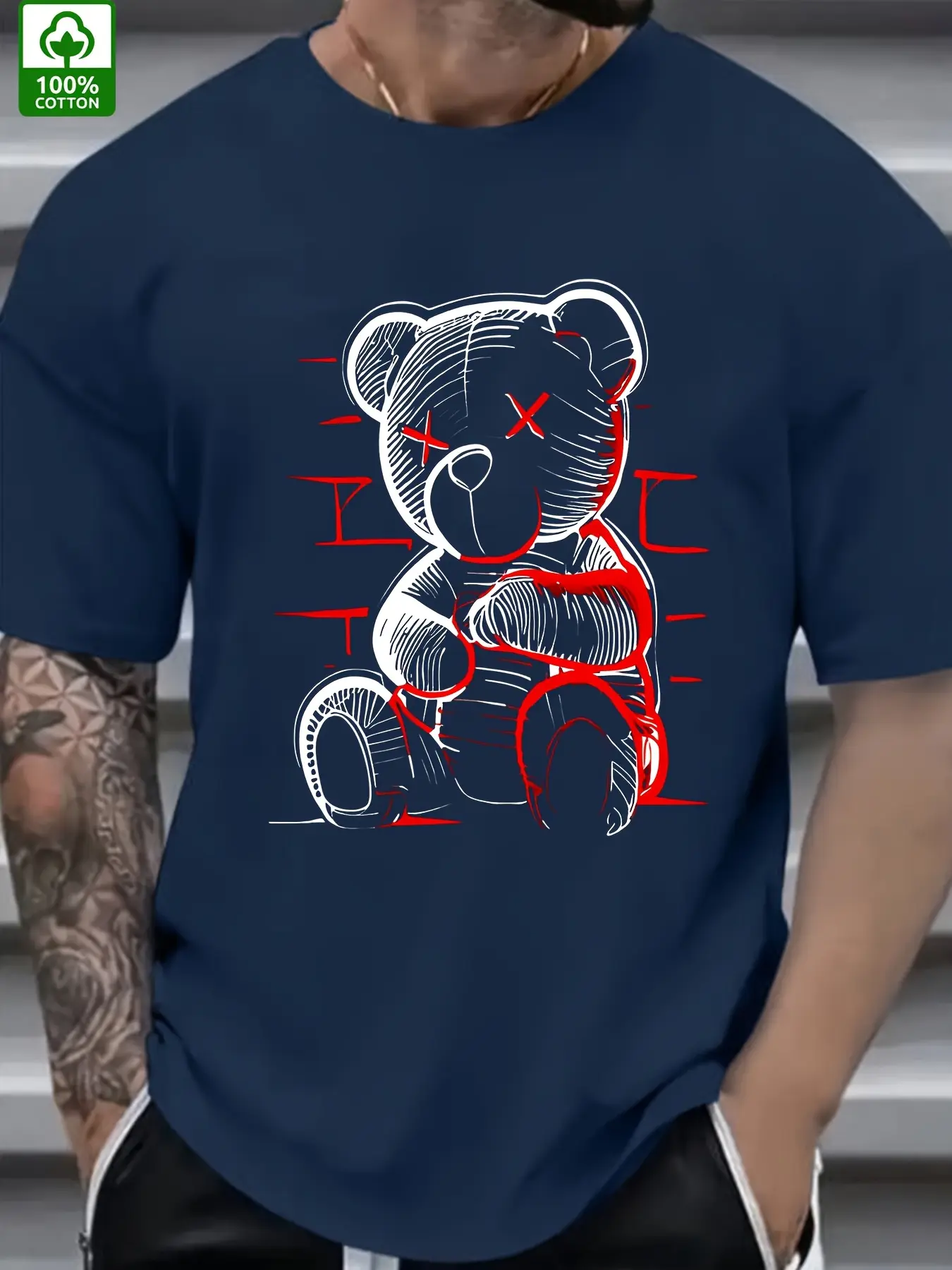 Men's summer 100% pure cotton fashionable casual loose devil bear pattern printed sports round neck short sleeved T-shirt top