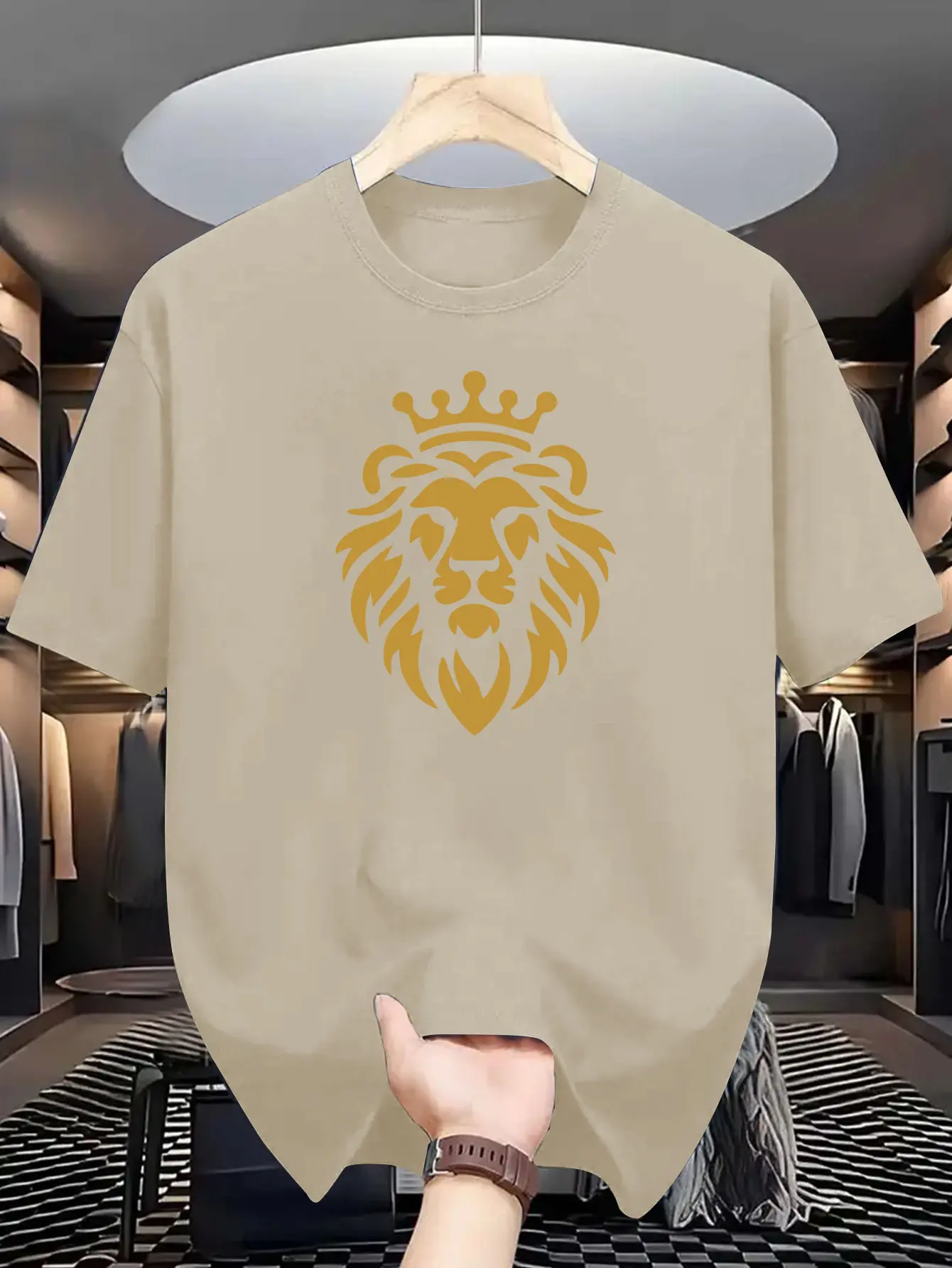 Men's summer 100% pure cotton Men's Casual Summer Graphic T-Shirt - Short Sleeve Crew Neck Lion Print with Golden Crown Design