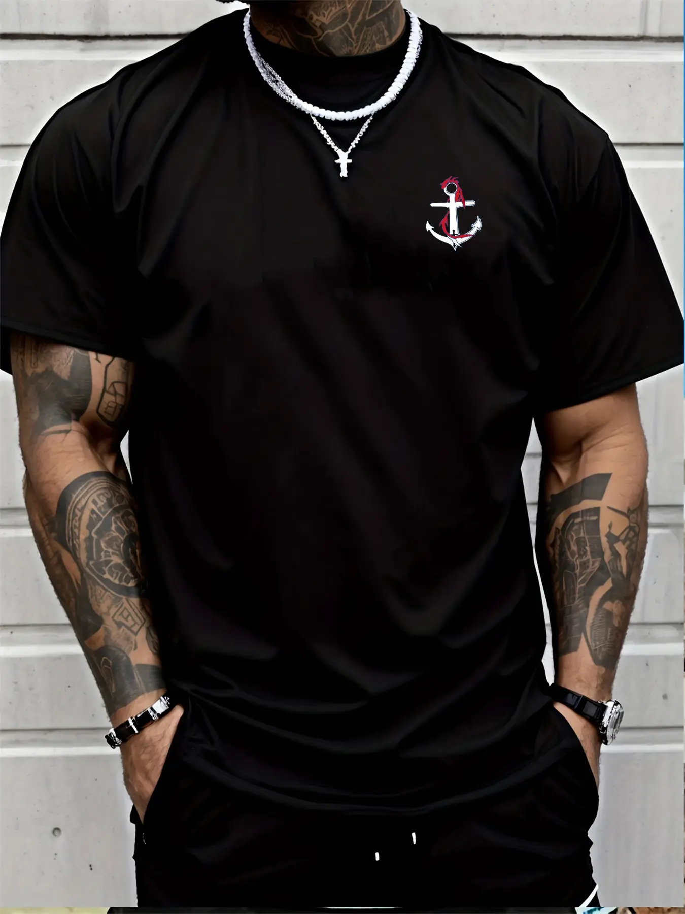 Men's summer 100% cotton fashionable casual loose sports dragon and boat anchor pattern printed round neck short sleeved T-shirt