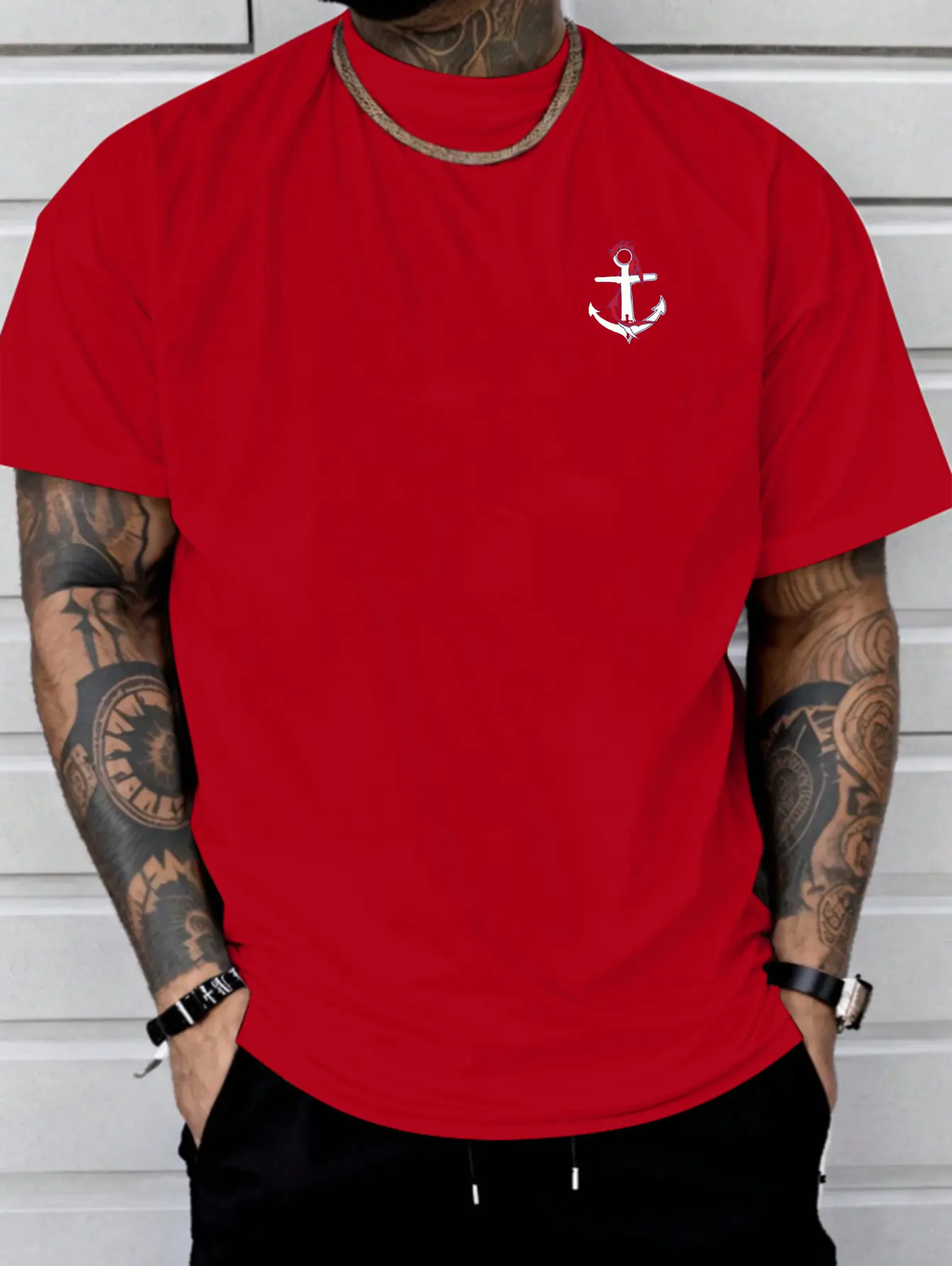 Men's summer 100% cotton fashionable casual loose sports dragon and boat anchor pattern printed round neck short sleeved T-shirt