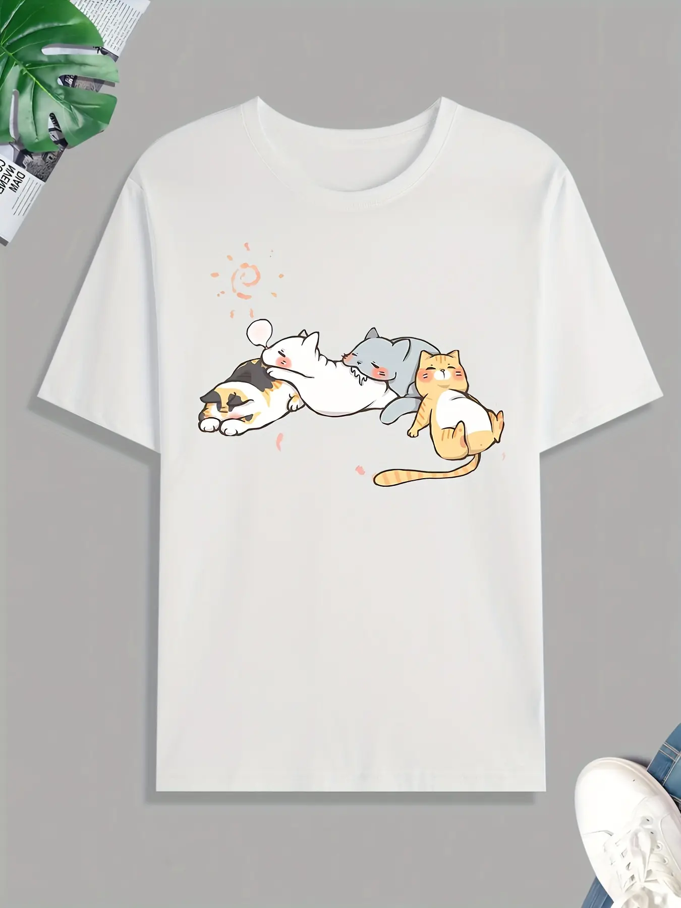 Men's summer 100% pure cotton fashionable casual sports loose cut cats napping print round neck short sleeved T-shirt top