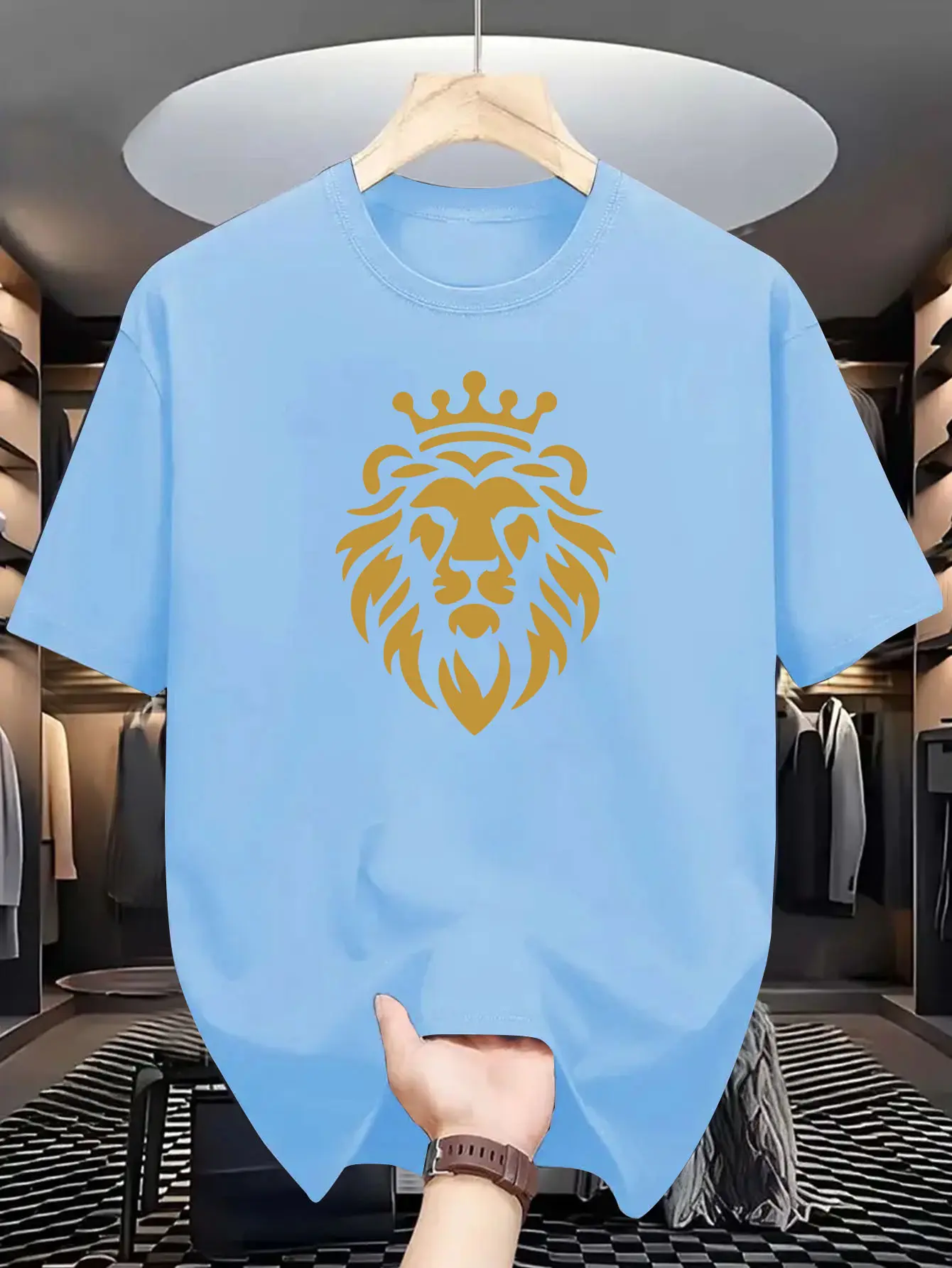 Men's summer 100% pure cotton Men's Casual Summer Graphic T-Shirt - Short Sleeve Crew Neck Lion Print with Golden Crown Design