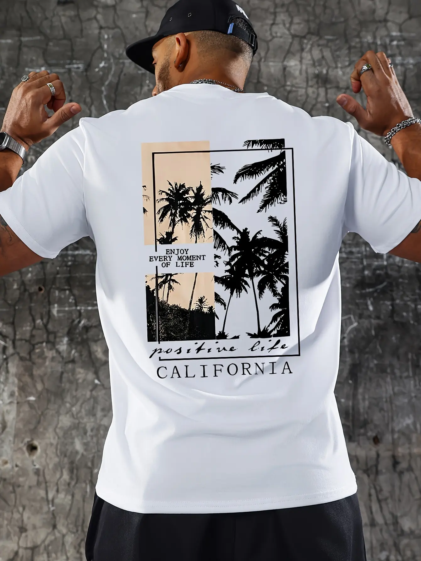 Men's summer 100 cotton fashionable casual loose fit plus palm tree pattern printed vacation round neck short sleeved T-shirt