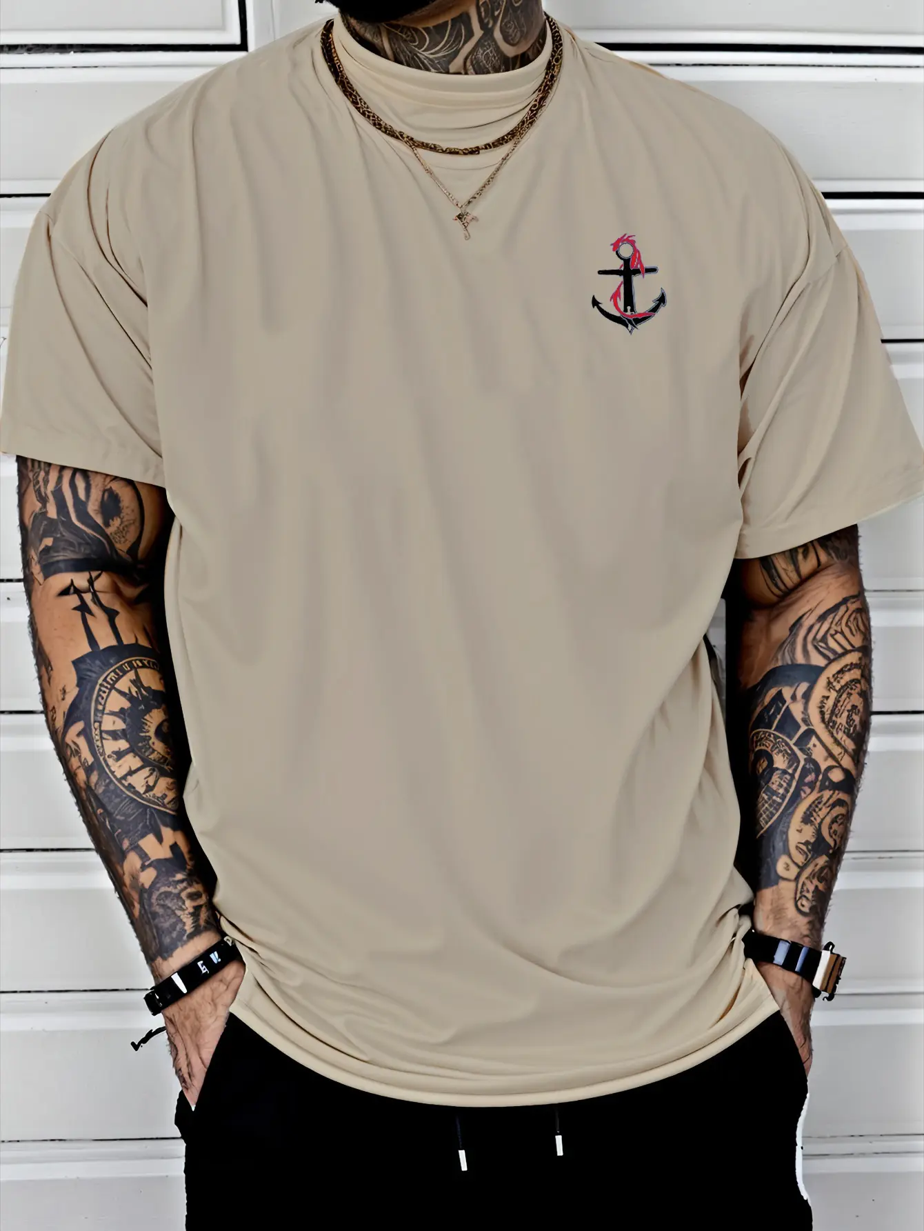 Men's summer 100% cotton fashionable casual loose sports dragon and boat anchor pattern printed round neck short sleeved T-shirt
