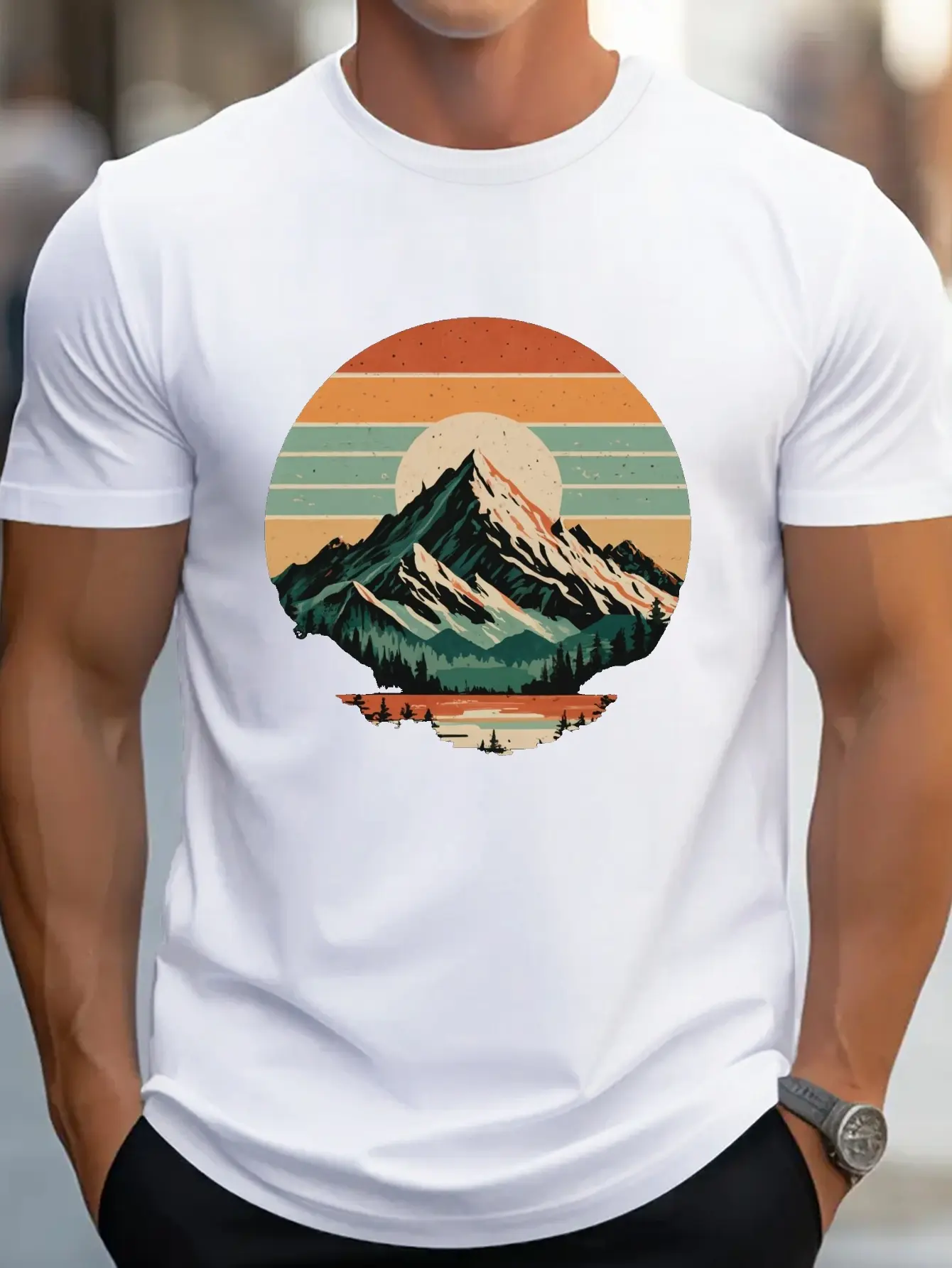 Men's summer 100 cotton fashionable sports casual loose retro snow mountain sunset printed round neck short sleeved T-shirt top