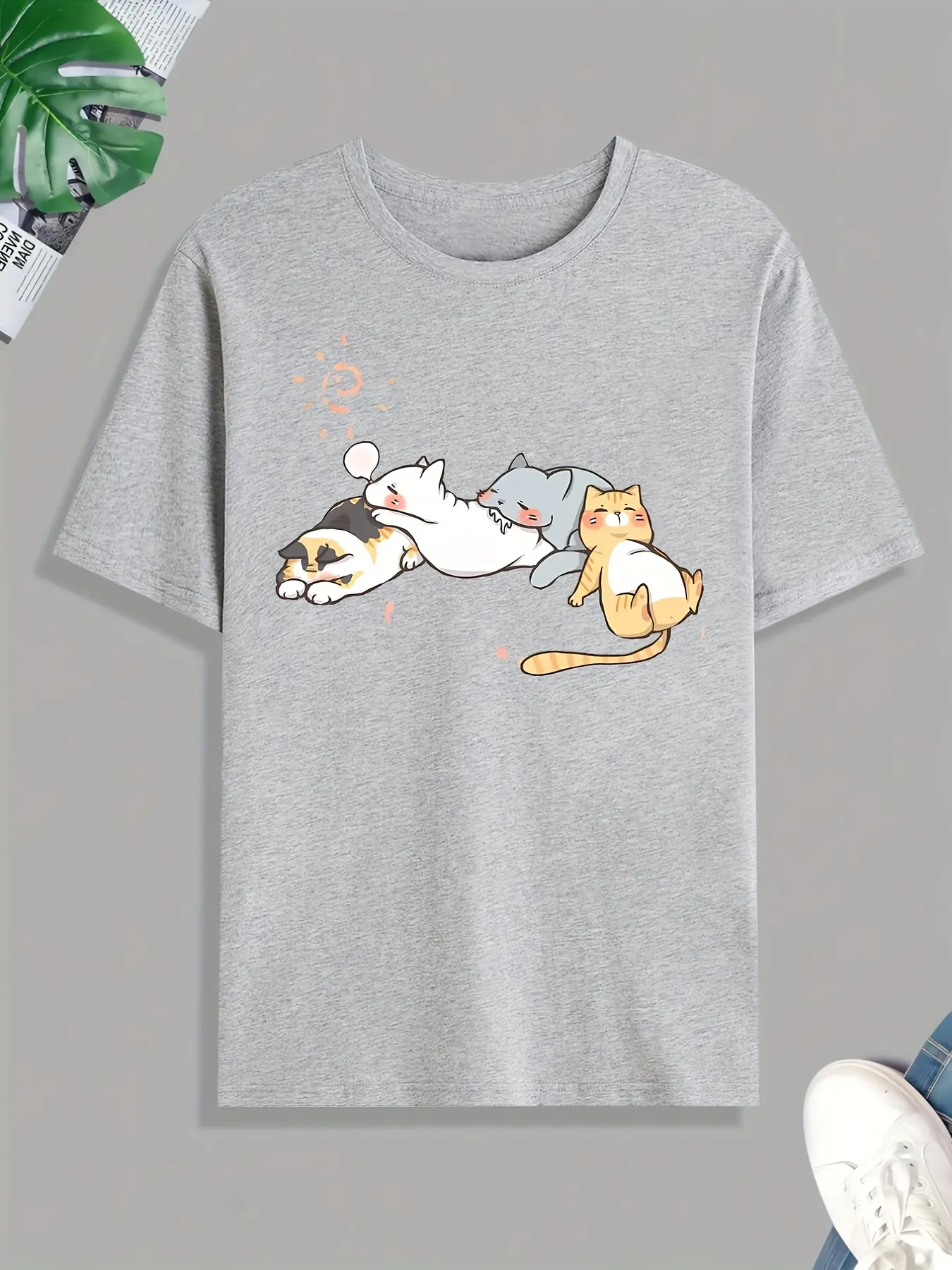 Men's summer 100% pure cotton fashionable casual sports loose cut cats napping print round neck short sleeved T-shirt top