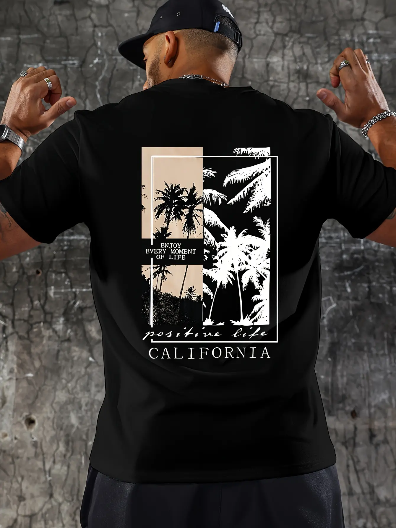 Men's summer 100 cotton fashionable casual loose fit plus palm tree pattern printed vacation round neck short sleeved T-shirt