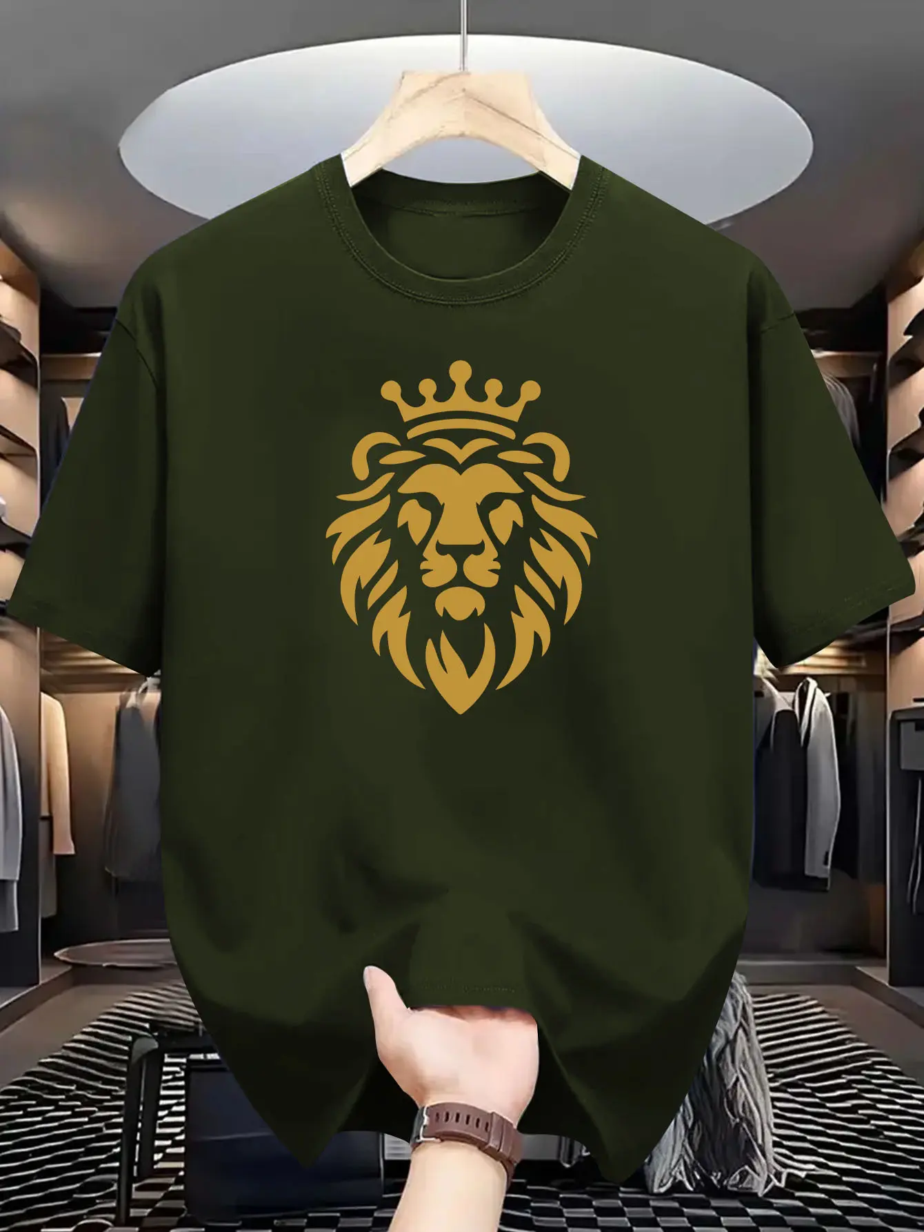 Men's summer 100% pure cotton Men's Casual Summer Graphic T-Shirt - Short Sleeve Crew Neck Lion Print with Golden Crown Design