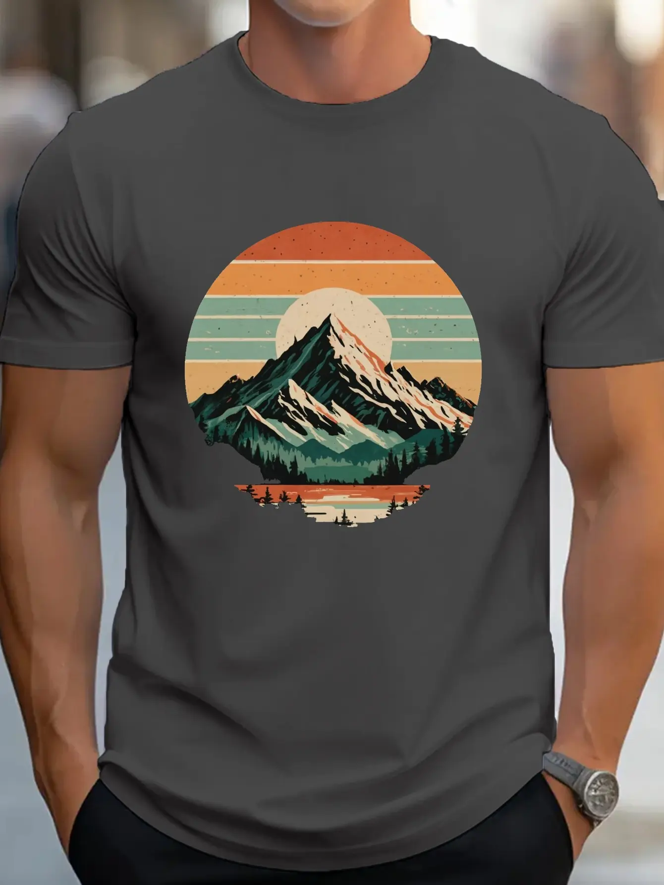 Men's summer 100 cotton fashionable sports casual loose retro snow mountain sunset printed round neck short sleeved T-shirt top