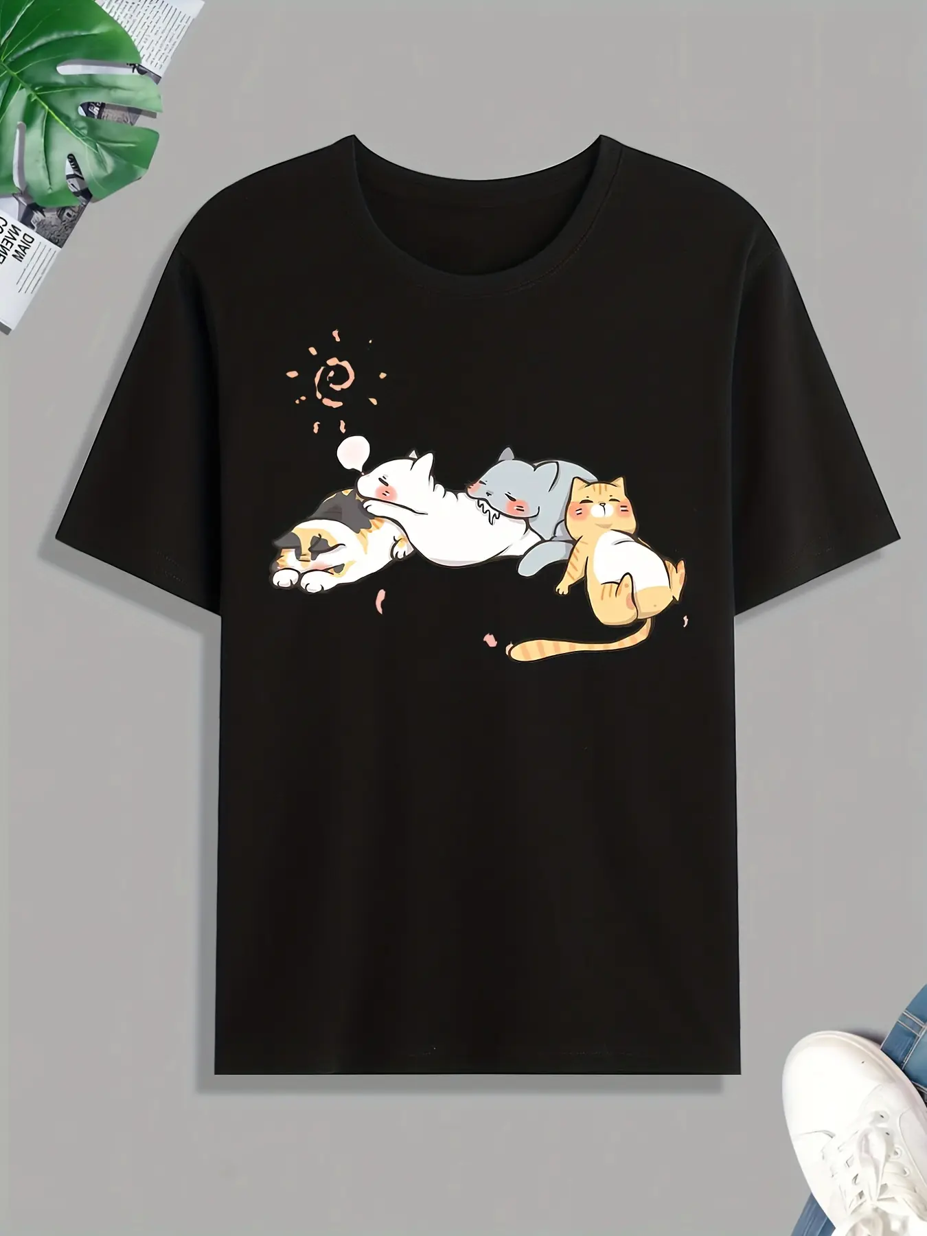 Men's summer 100% pure cotton fashionable casual sports loose cut cats napping print round neck short sleeved T-shirt top