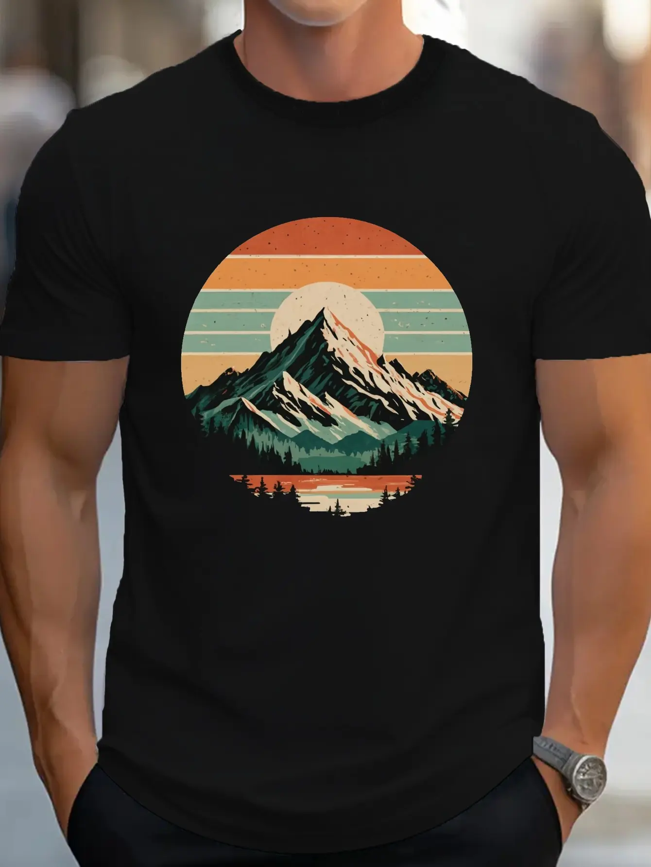 Men's summer 100 cotton fashionable sports casual loose retro snow mountain sunset printed round neck short sleeved T-shirt top