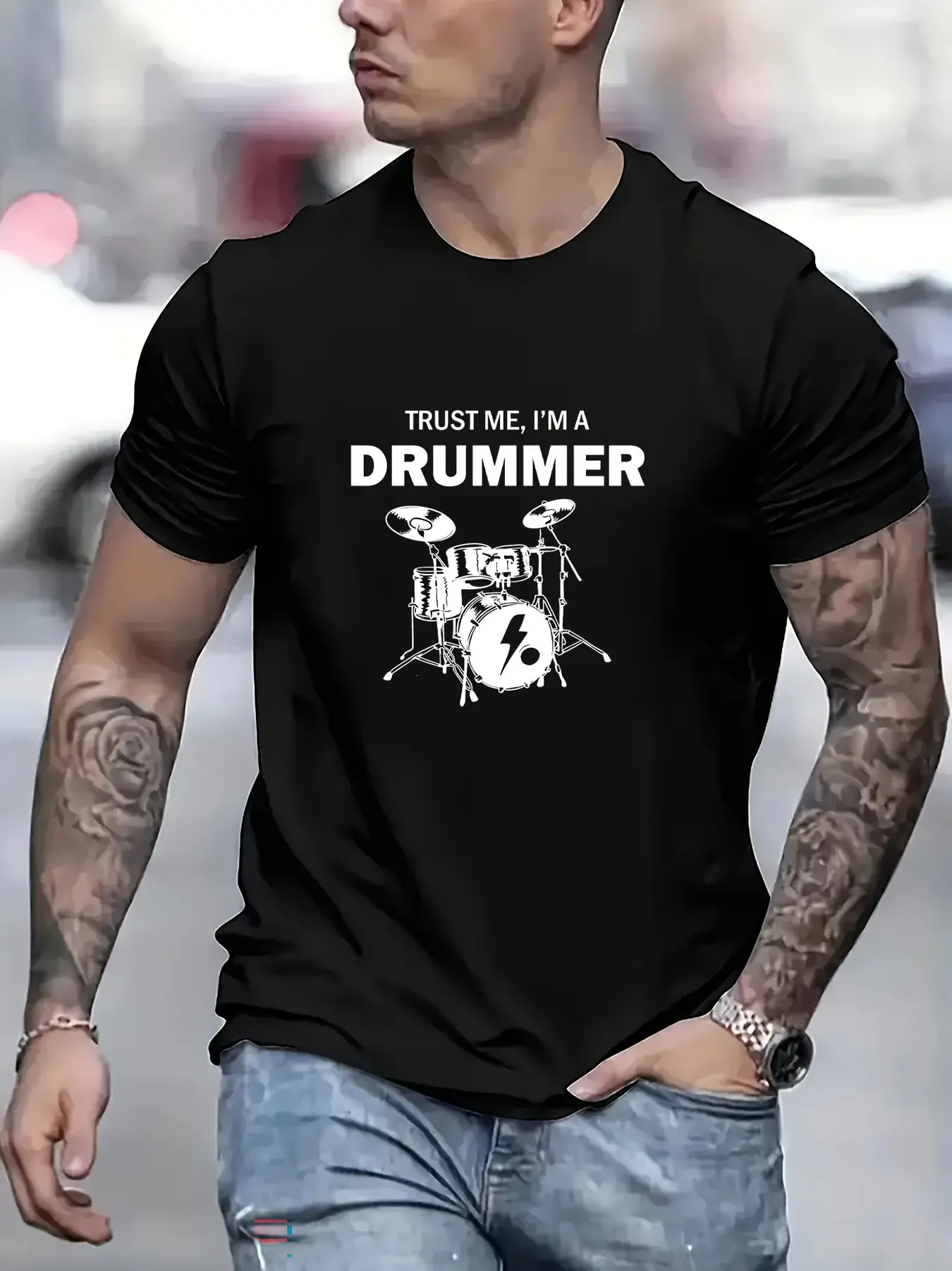 Men's Summer 100 Cotton Fashionable Casual Sports Loose Large Drum Pattern Printed Round Neck Short Sleeve T-shirt Top