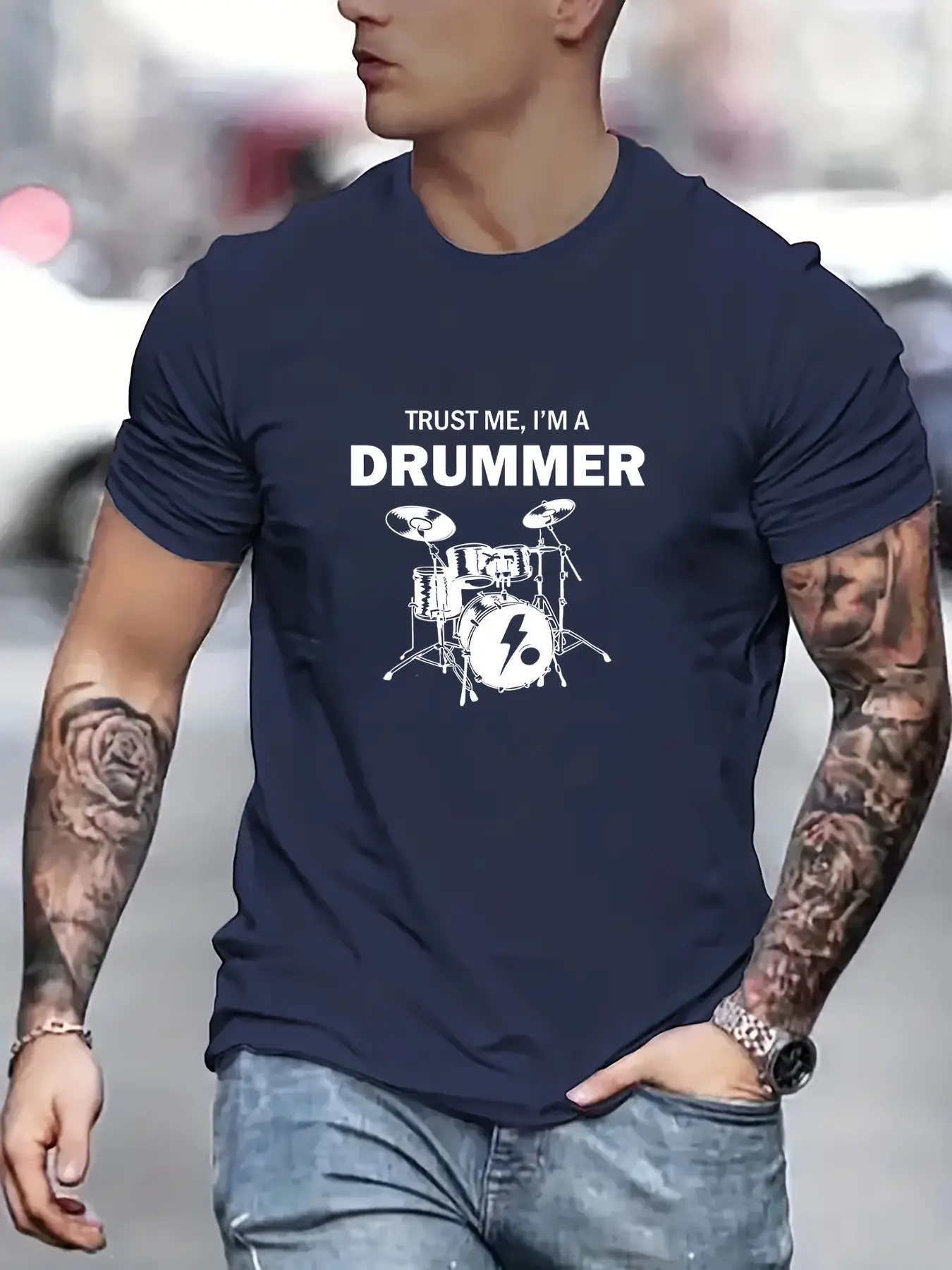 Men's Summer 100 Cotton Fashionable Casual Sports Loose Large Drum Pattern Printed Round Neck Short Sleeve T-shirt Top