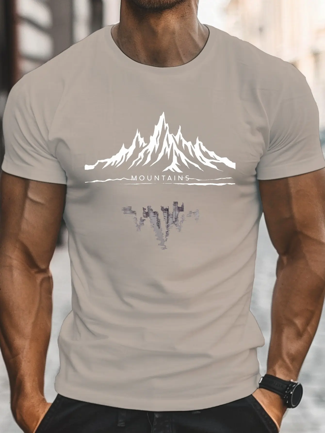 Men's summer 100% pure cotton fashionable casual sports loose fashion mountain pattern printed round neck short sleeved T-shirt
