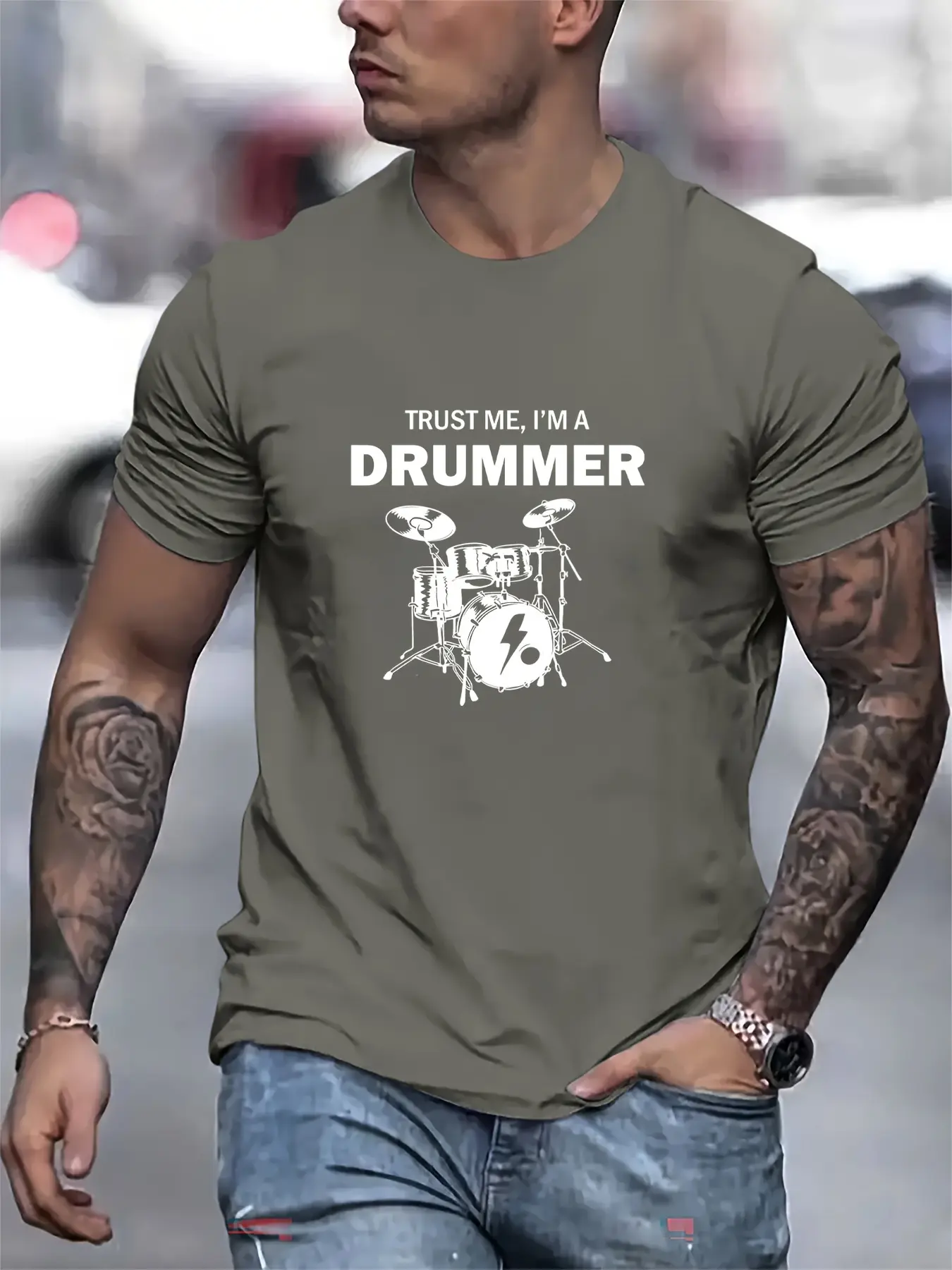 Men's Summer 100 Cotton Fashionable Casual Sports Loose Large Drum Pattern Printed Round Neck Short Sleeve T-shirt Top