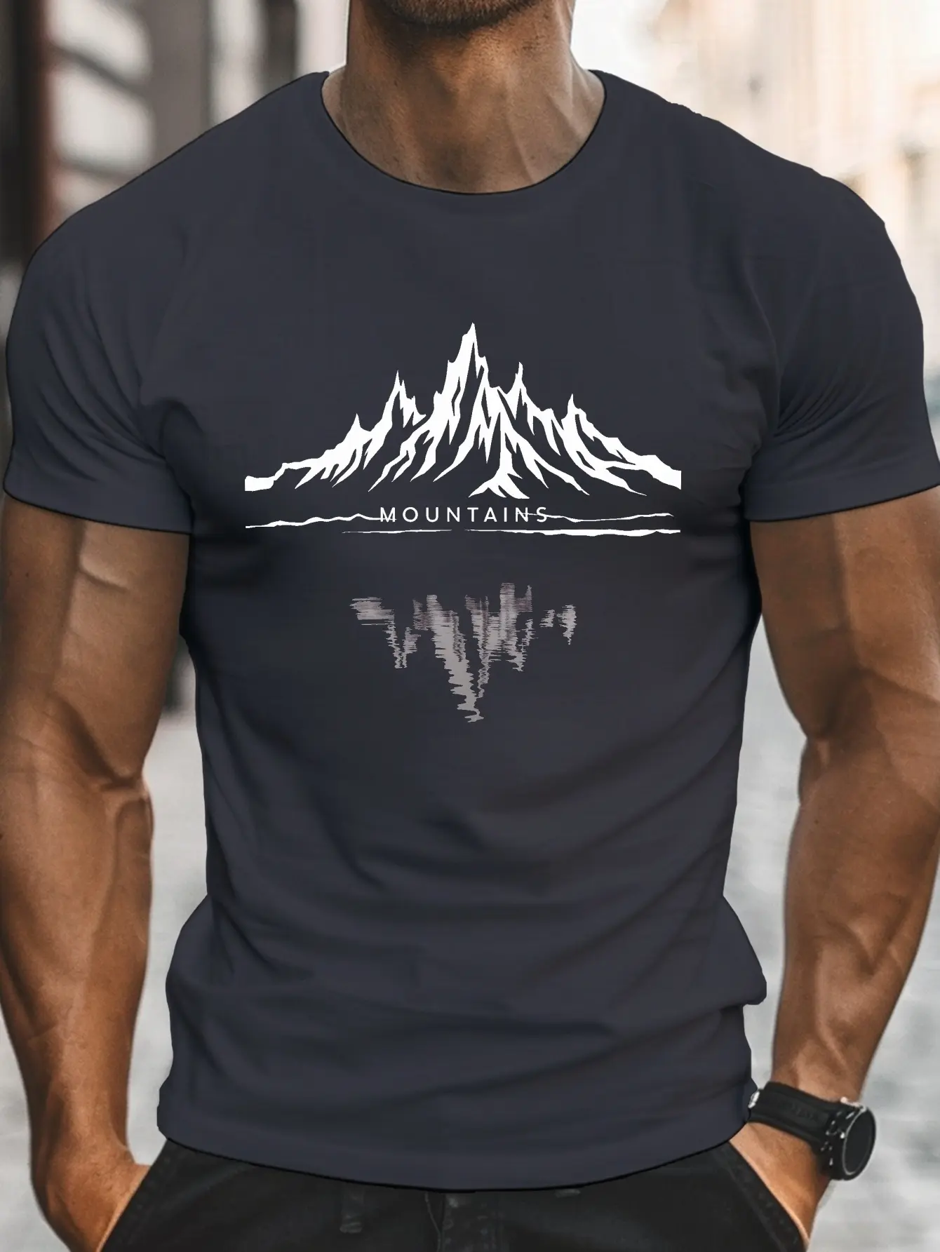 Men's summer 100% pure cotton fashionable casual sports loose fashion mountain pattern printed round neck short sleeved T-shirt