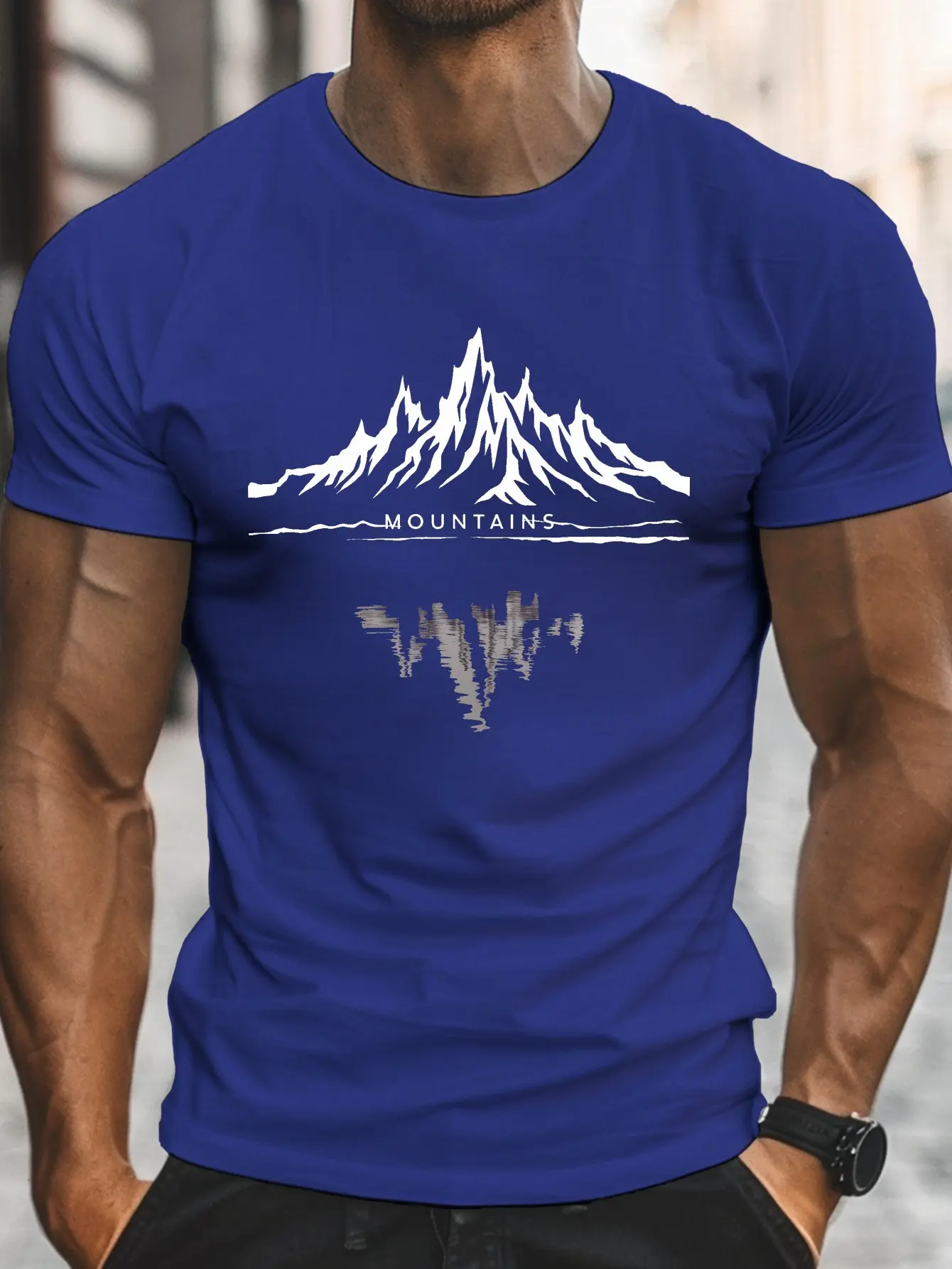 Men's summer 100% pure cotton fashionable casual sports loose fashion mountain pattern printed round neck short sleeved T-shirt