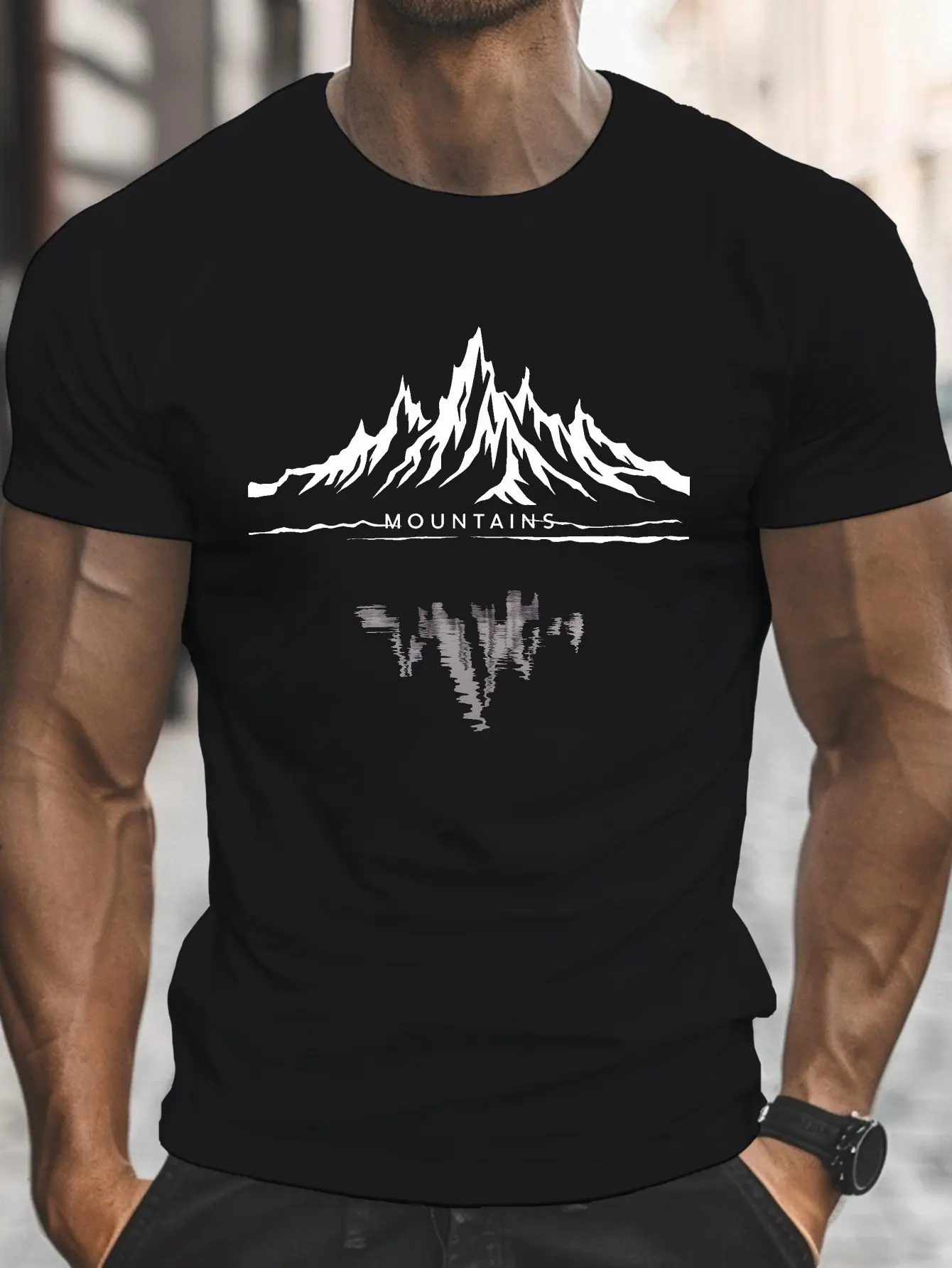 Men's summer 100% pure cotton fashionable casual sports loose fashion mountain pattern printed round neck short sleeved T-shirt