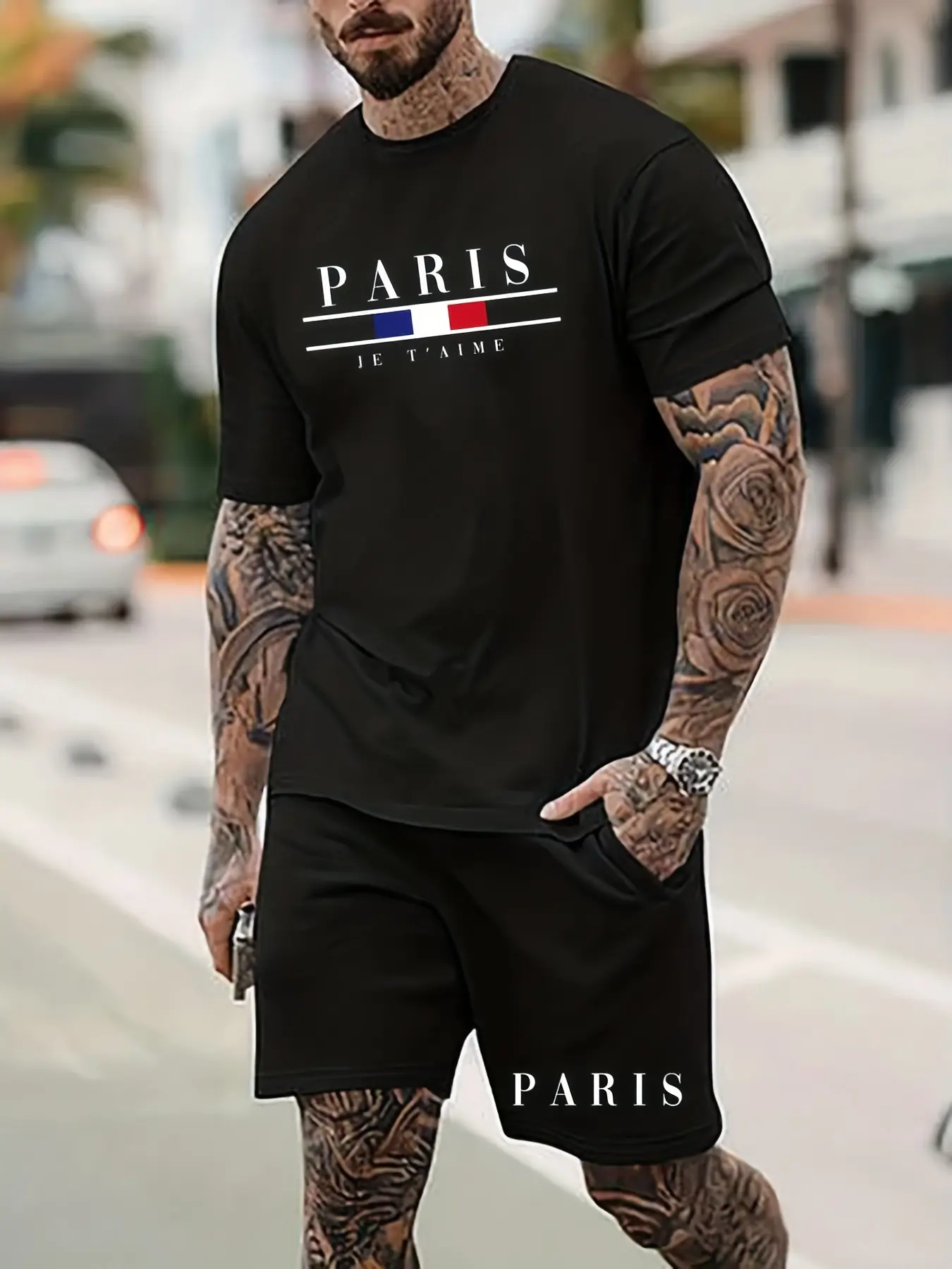 Men's T-shirt Set Short Sleeved Top+ Shorts Loose Cotton