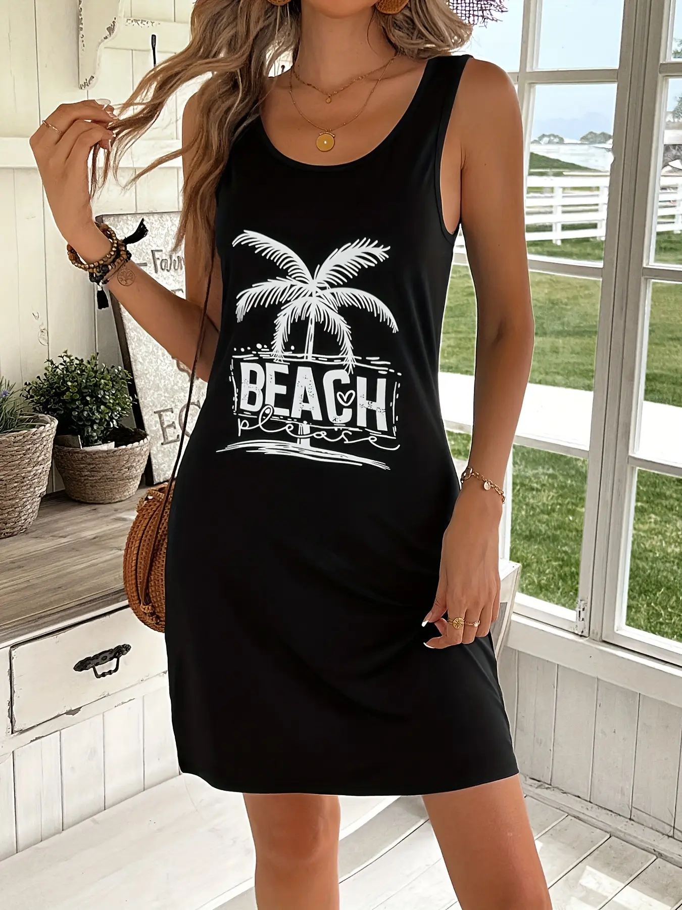 Women's summer loose and comfortable casual palm tree and beach letter printed black sleeveless vest dress punk style dress