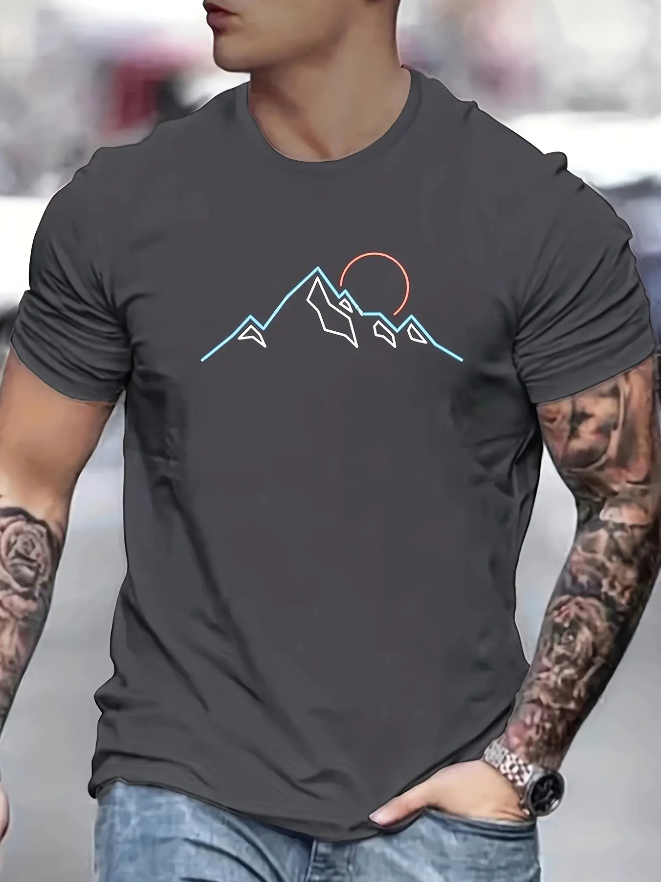 Men's summer 100% pure cotton fashionable sports casual loose mountain graphic print round neck short sleeved T-shirt top