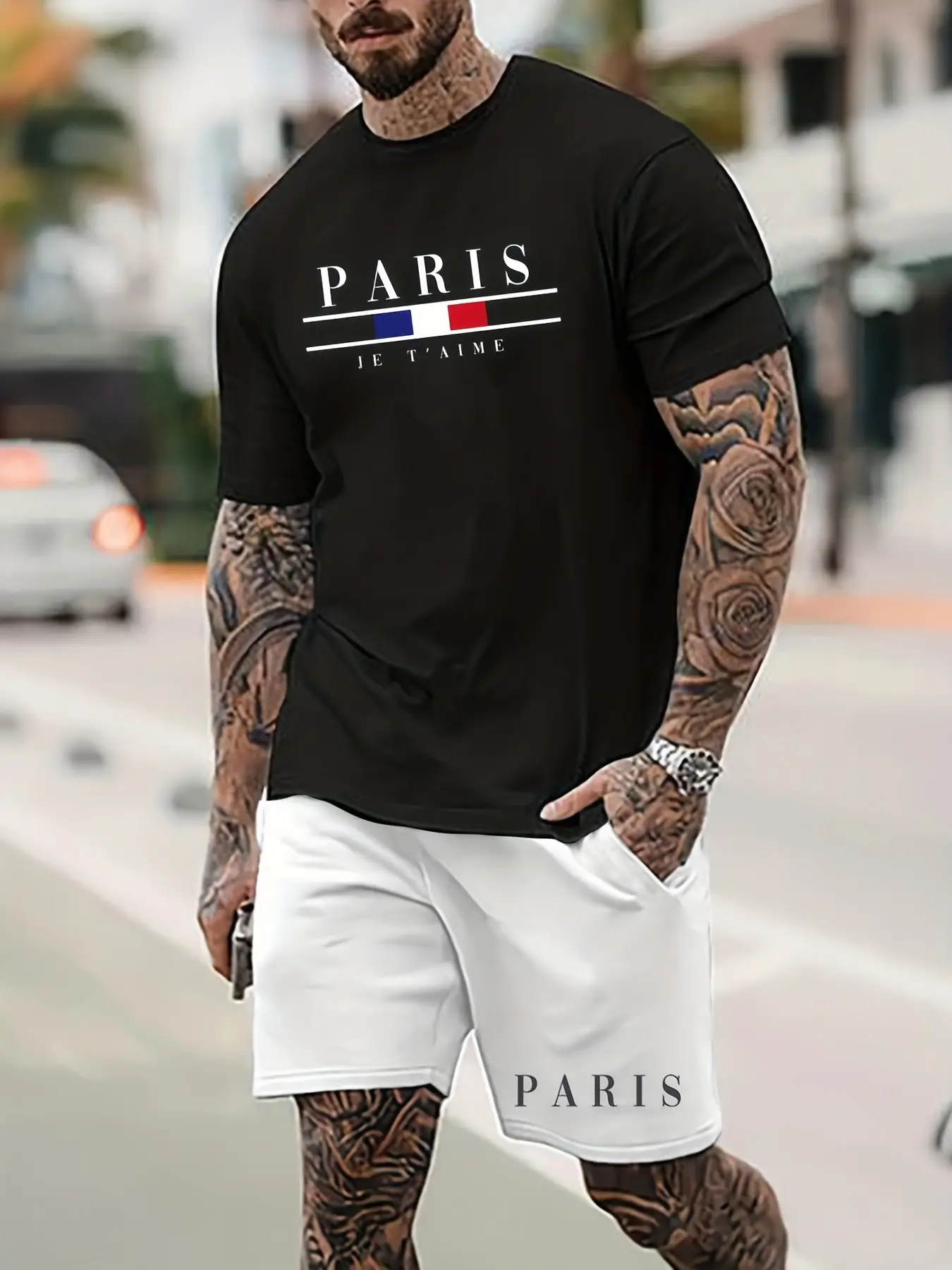 Men's T-shirt Set Short Sleeved Top+ Shorts Loose Cotton