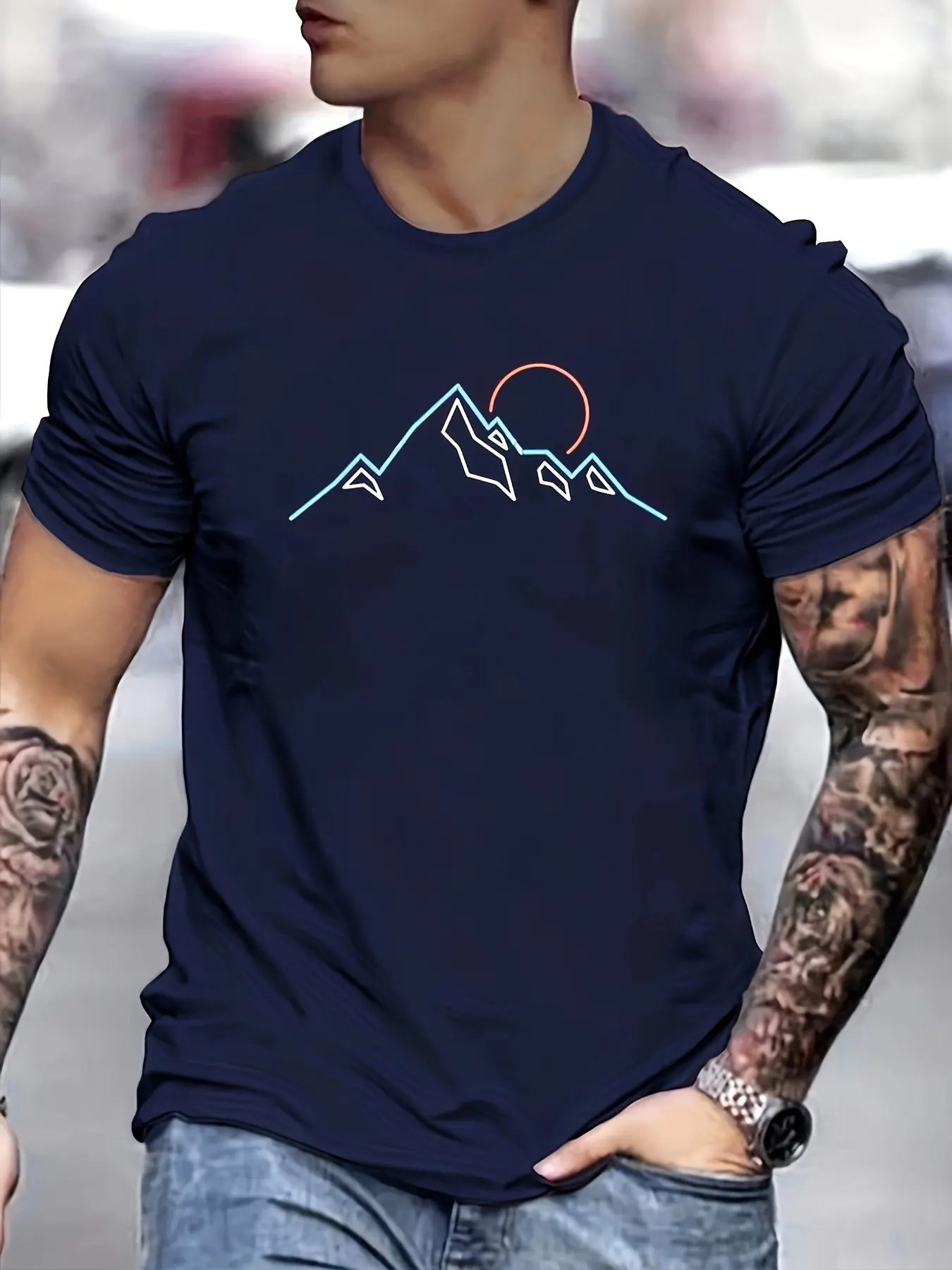 Men's summer 100% pure cotton fashionable sports casual loose mountain graphic print round neck short sleeved T-shirt top