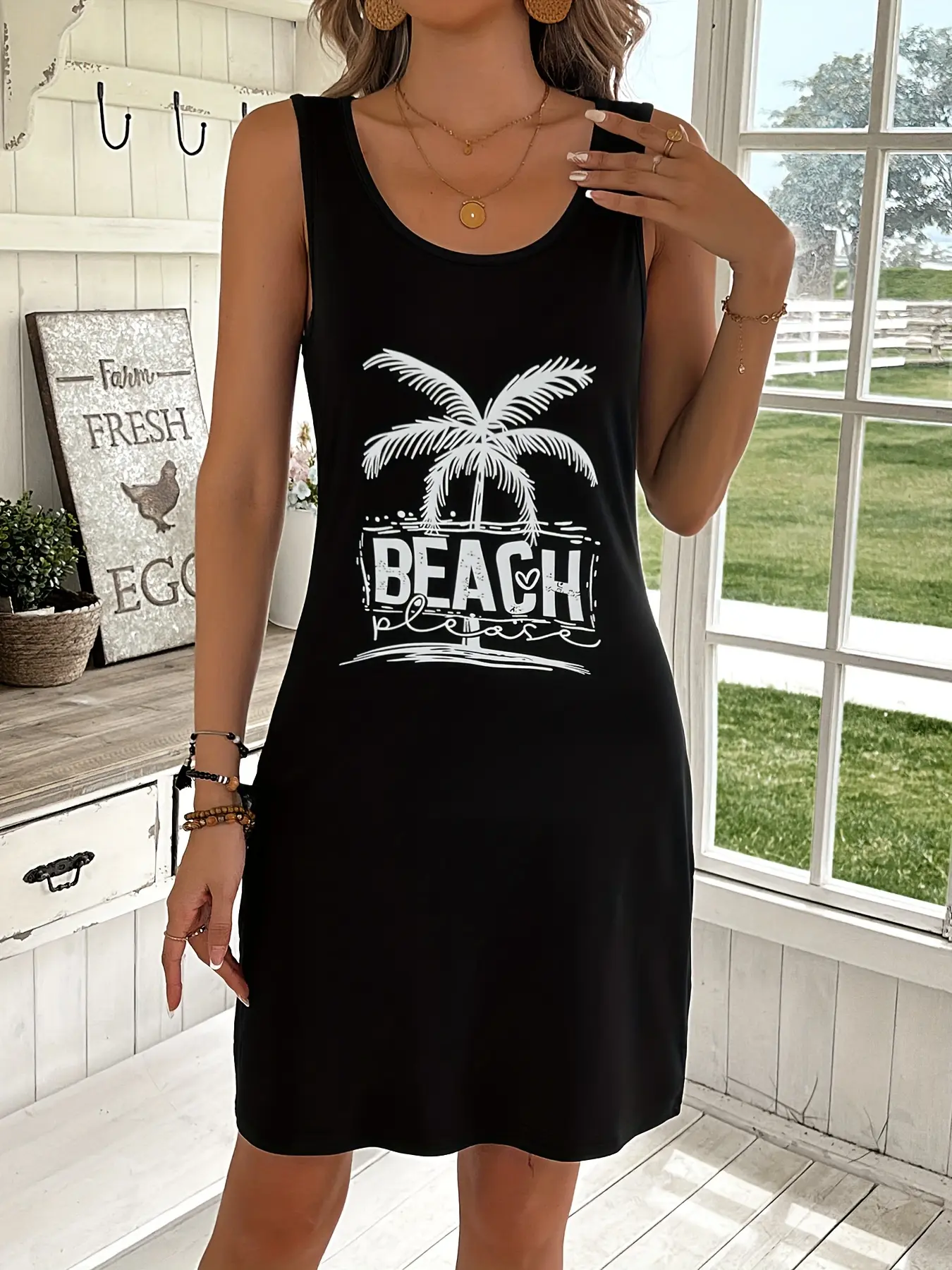 Women's summer loose and comfortable casual palm tree and beach letter printed black sleeveless vest dress punk style dress