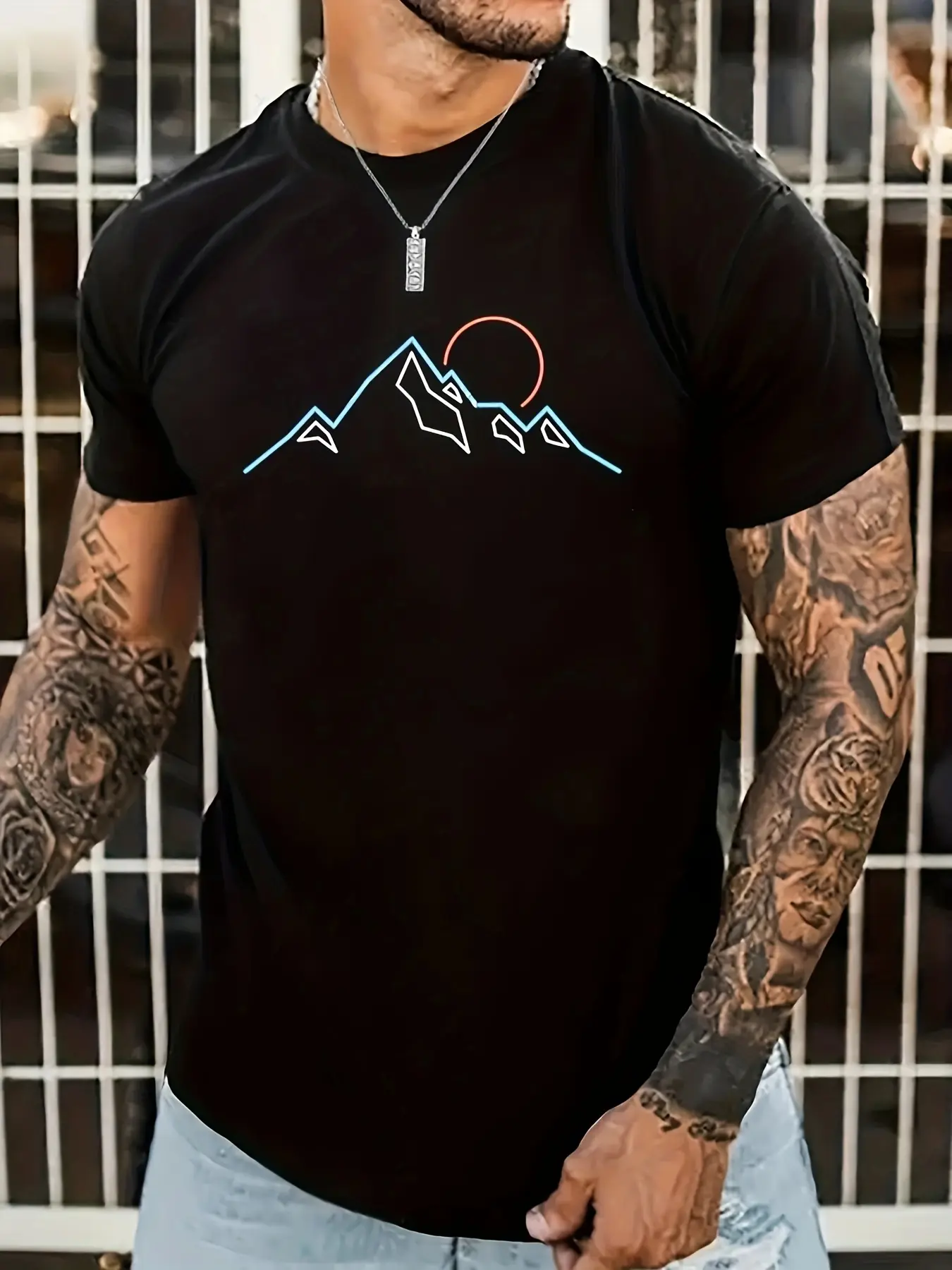 Men's summer 100% pure cotton fashionable sports casual loose mountain graphic print round neck short sleeved T-shirt top