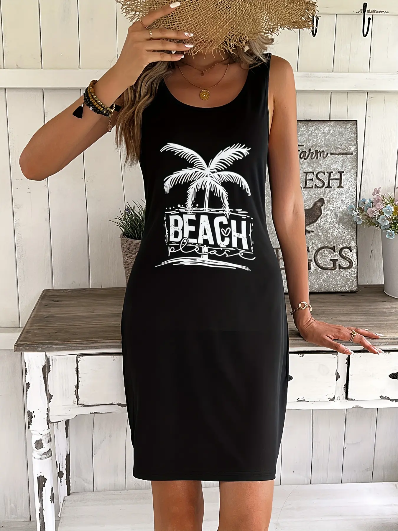 Women's summer loose and comfortable casual palm tree and beach letter printed black sleeveless vest dress punk style dress