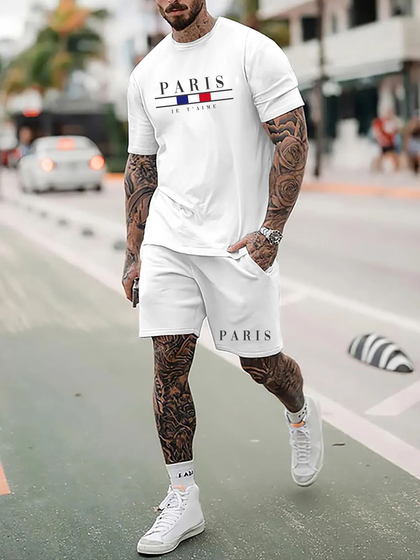 Men's T-shirt Set Short Sleeved Top+ Shorts Loose Cotton