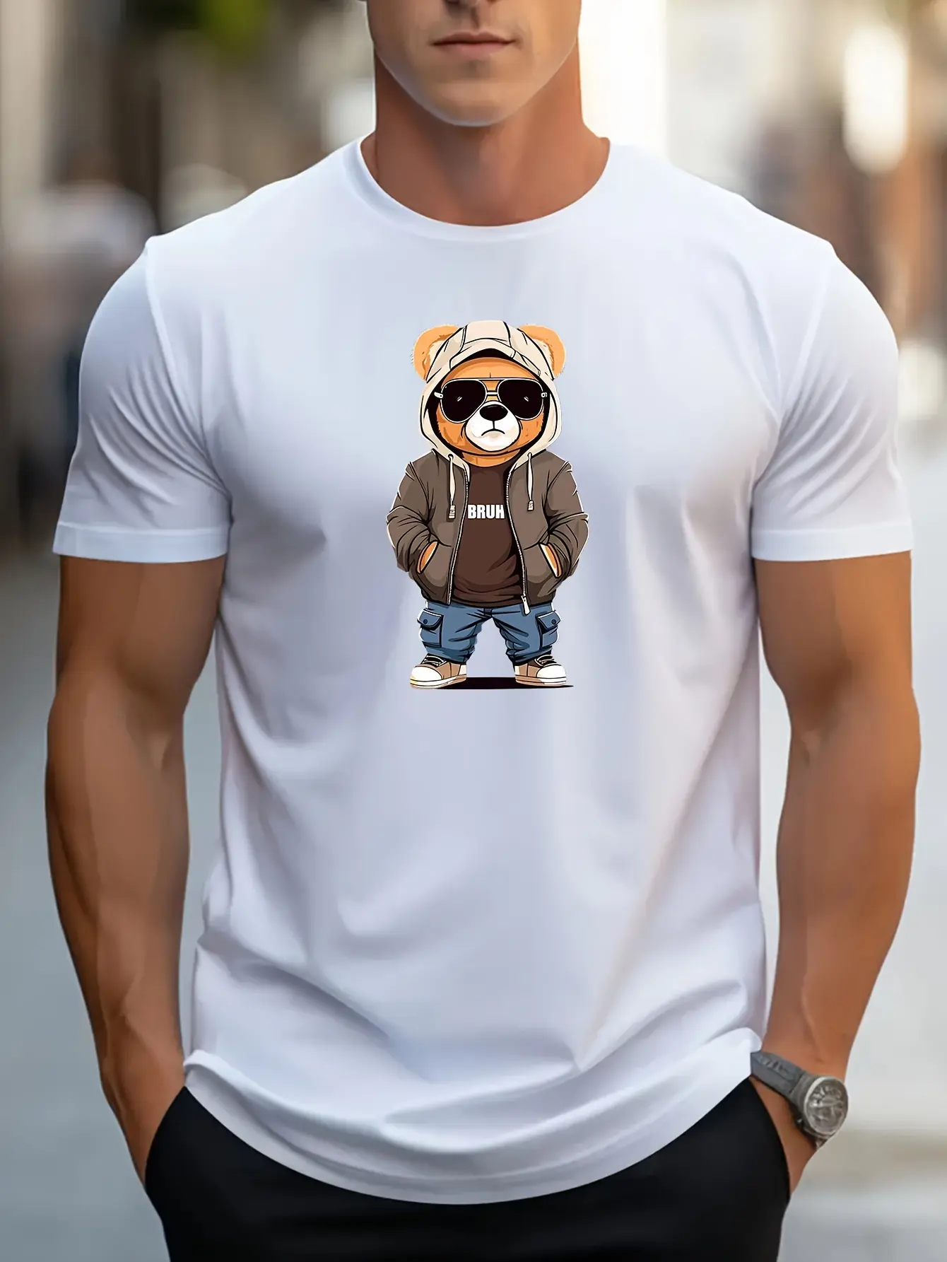 Men's summer 100% pure cotton fashionable casual sports loose cartoon hoodie bear pattern print round neck short sleeved T-shirt