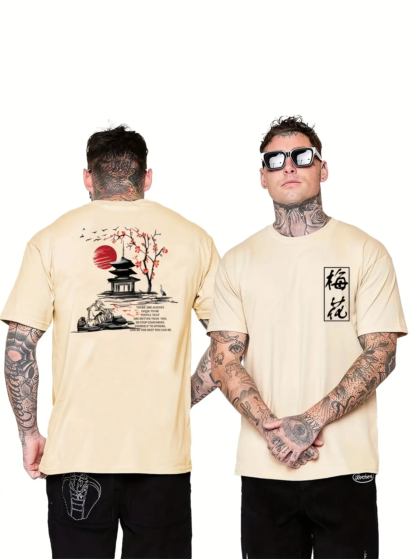 Men's summer 100 pure cotton fashionable casual loose plum blossom Chinese character printed round neck short sleeved T-shirt