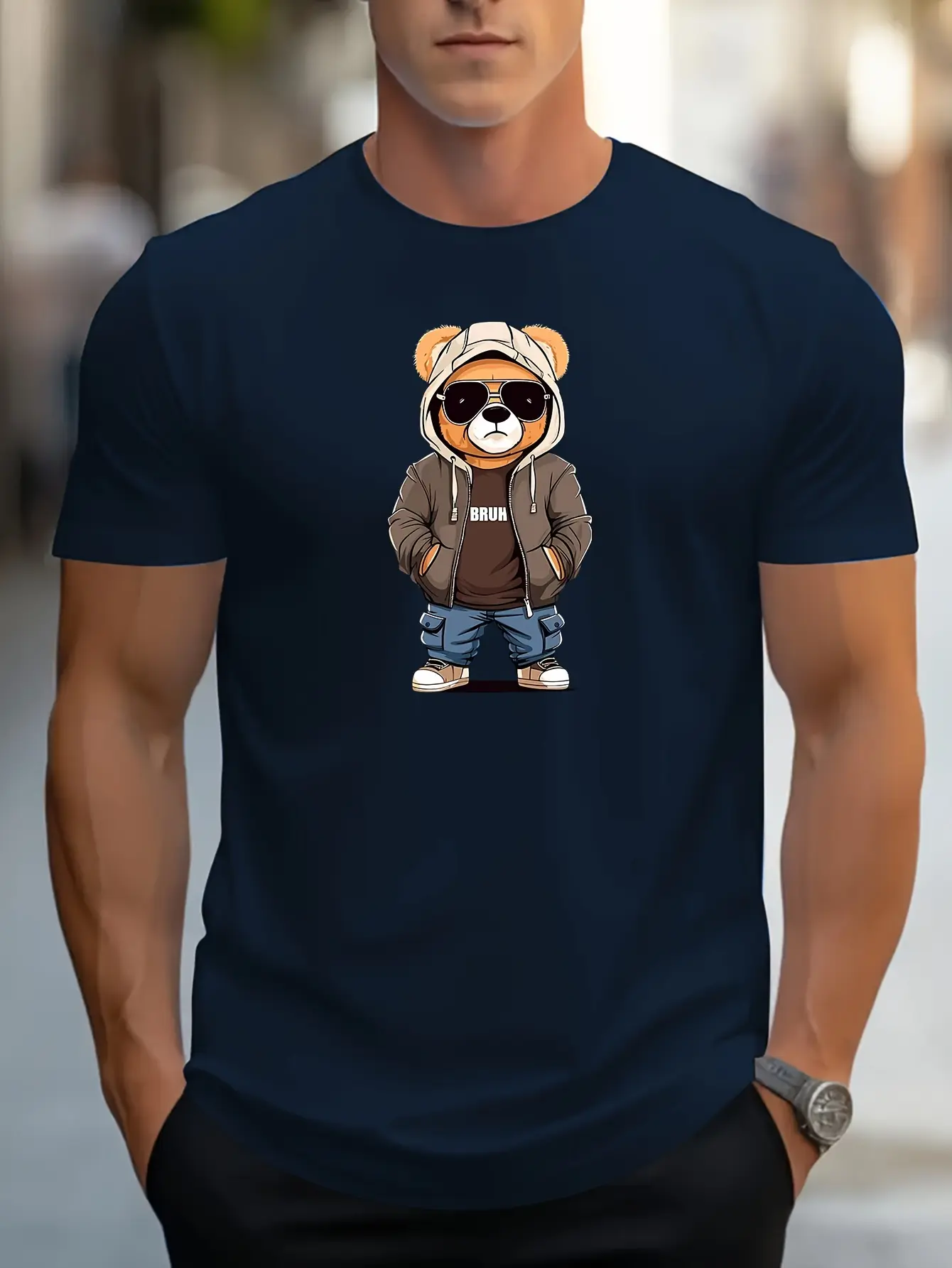 Men's summer 100% pure cotton fashionable casual sports loose cartoon hoodie bear pattern print round neck short sleeved T-shirt