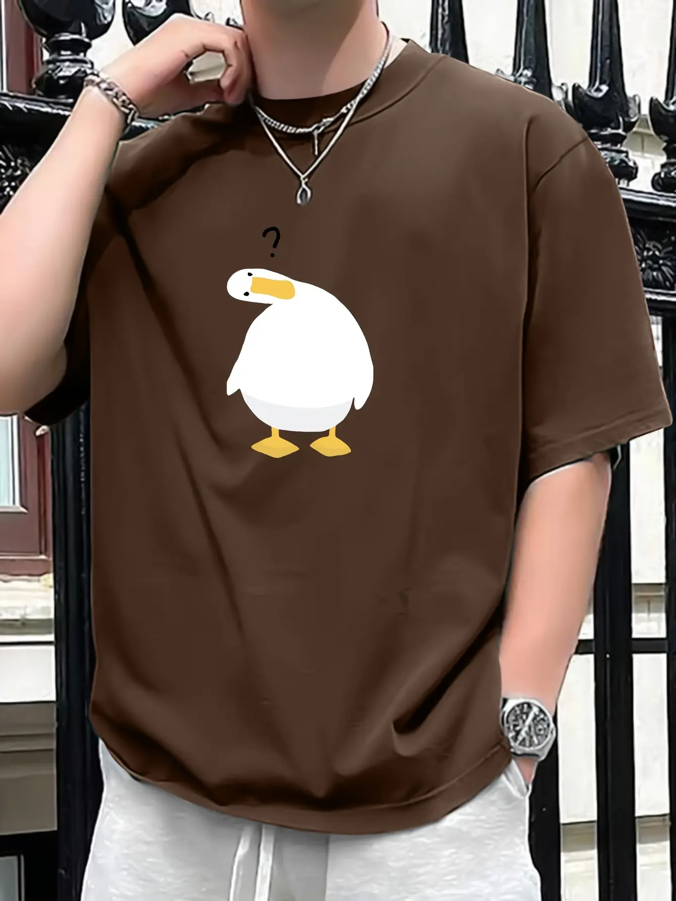 Men's summer 100% pure cotton fashionable casual sports loose cut duck print round neck short sleeved T-shirt top