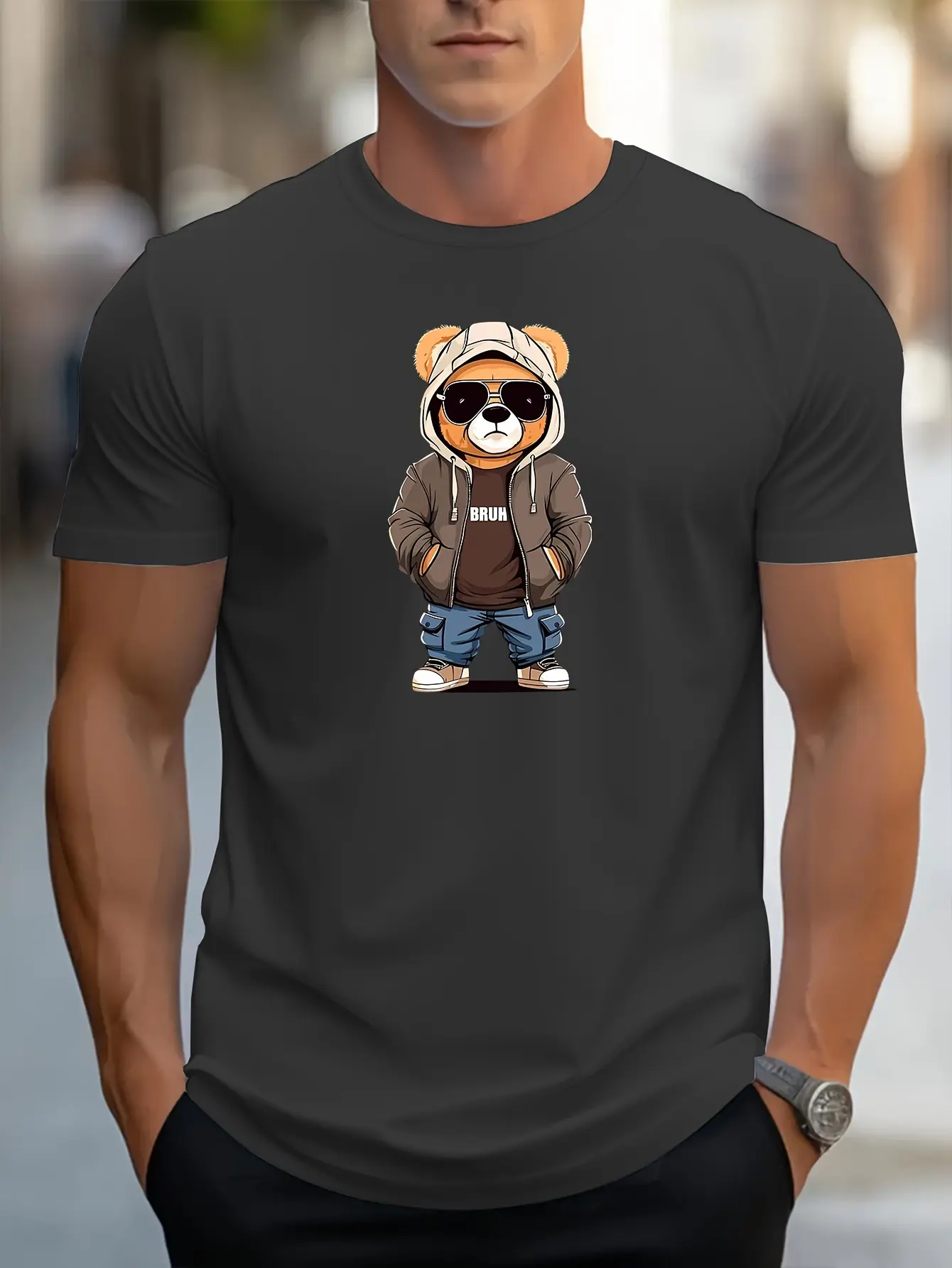 Men's summer 100% pure cotton fashionable casual sports loose cartoon hoodie bear pattern print round neck short sleeved T-shirt