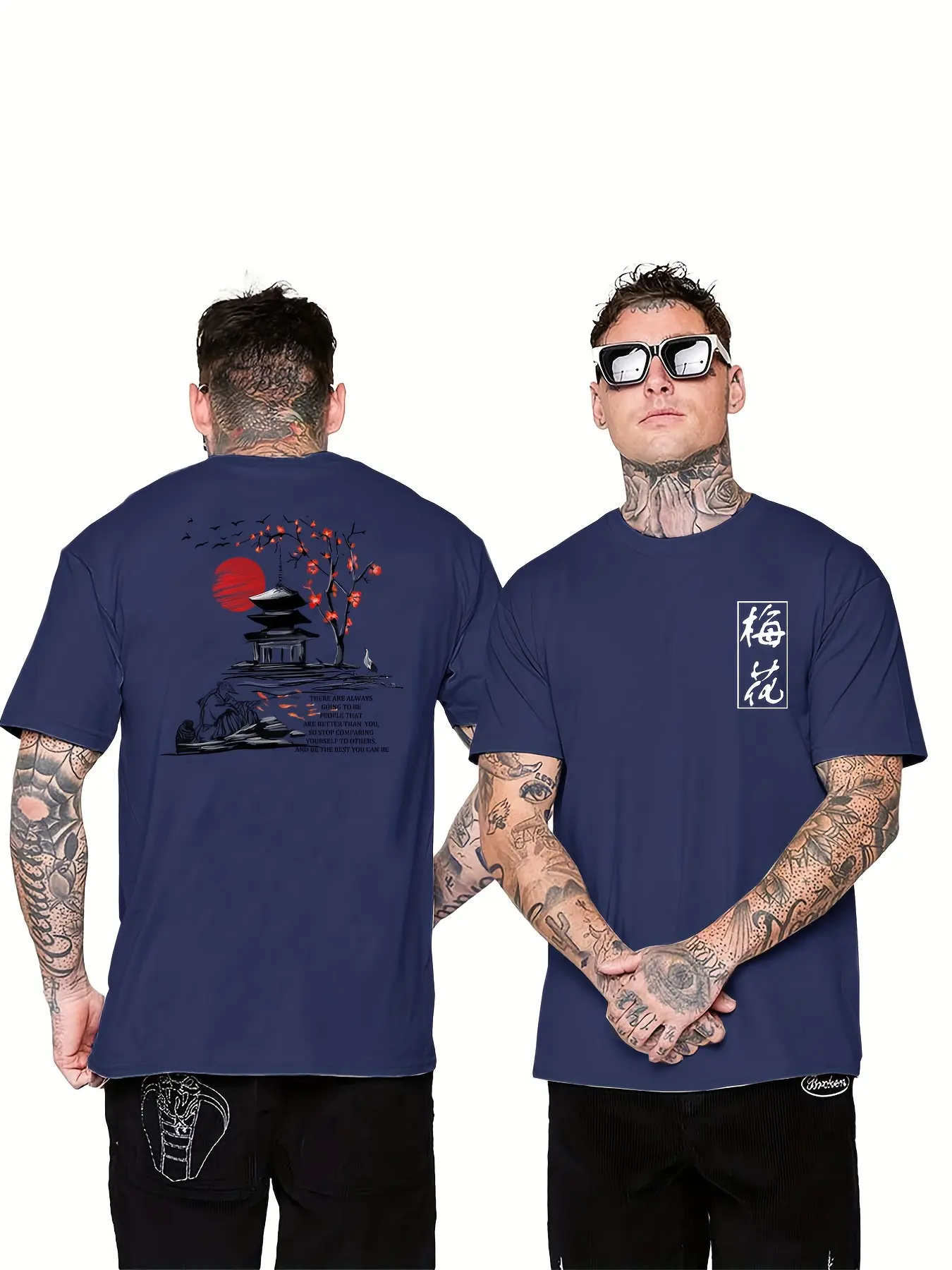 Men's summer 100 pure cotton fashionable casual loose plum blossom Chinese character printed round neck short sleeved T-shirt