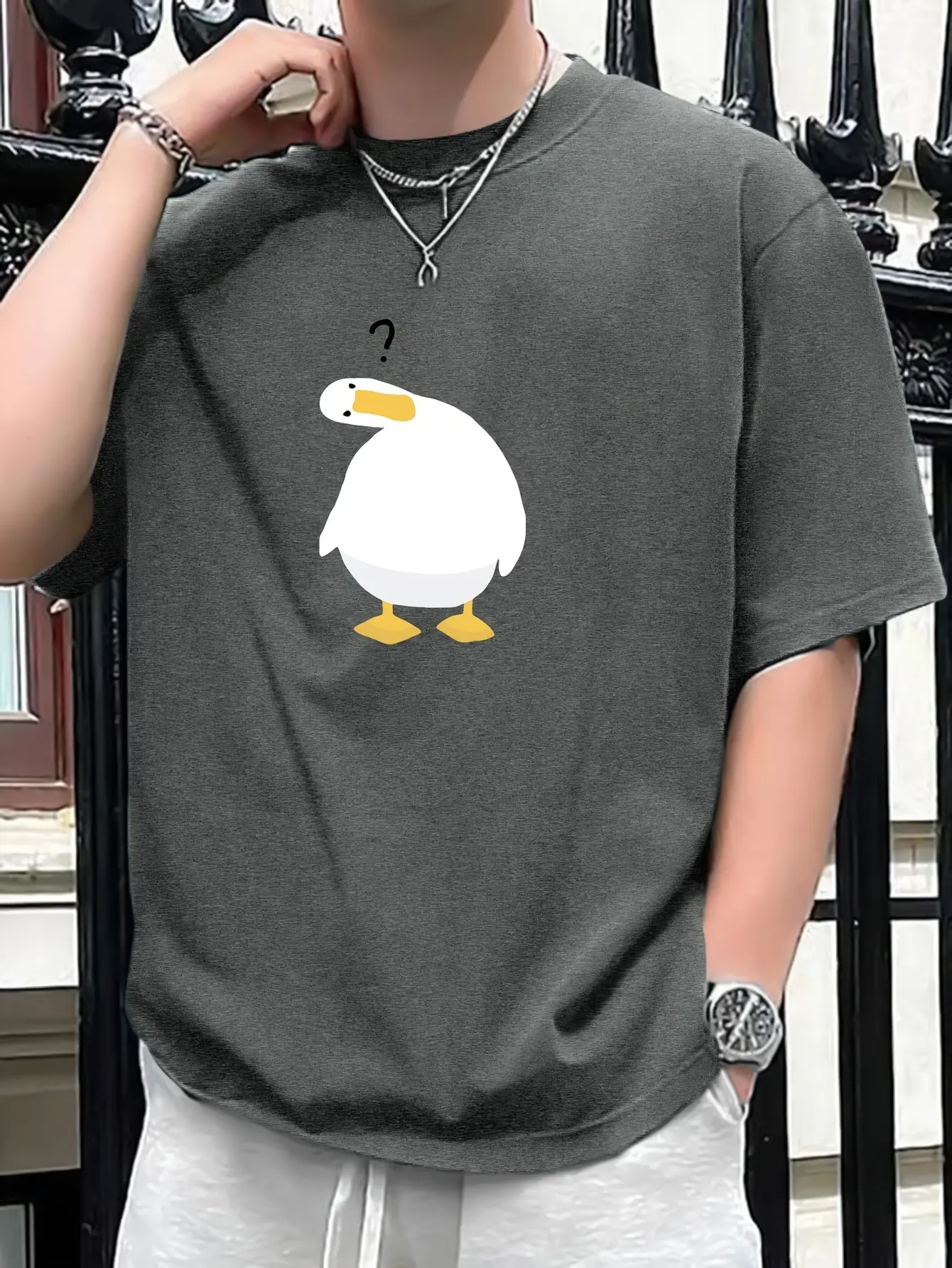Men's summer 100% pure cotton fashionable casual sports loose cut duck print round neck short sleeved T-shirt top