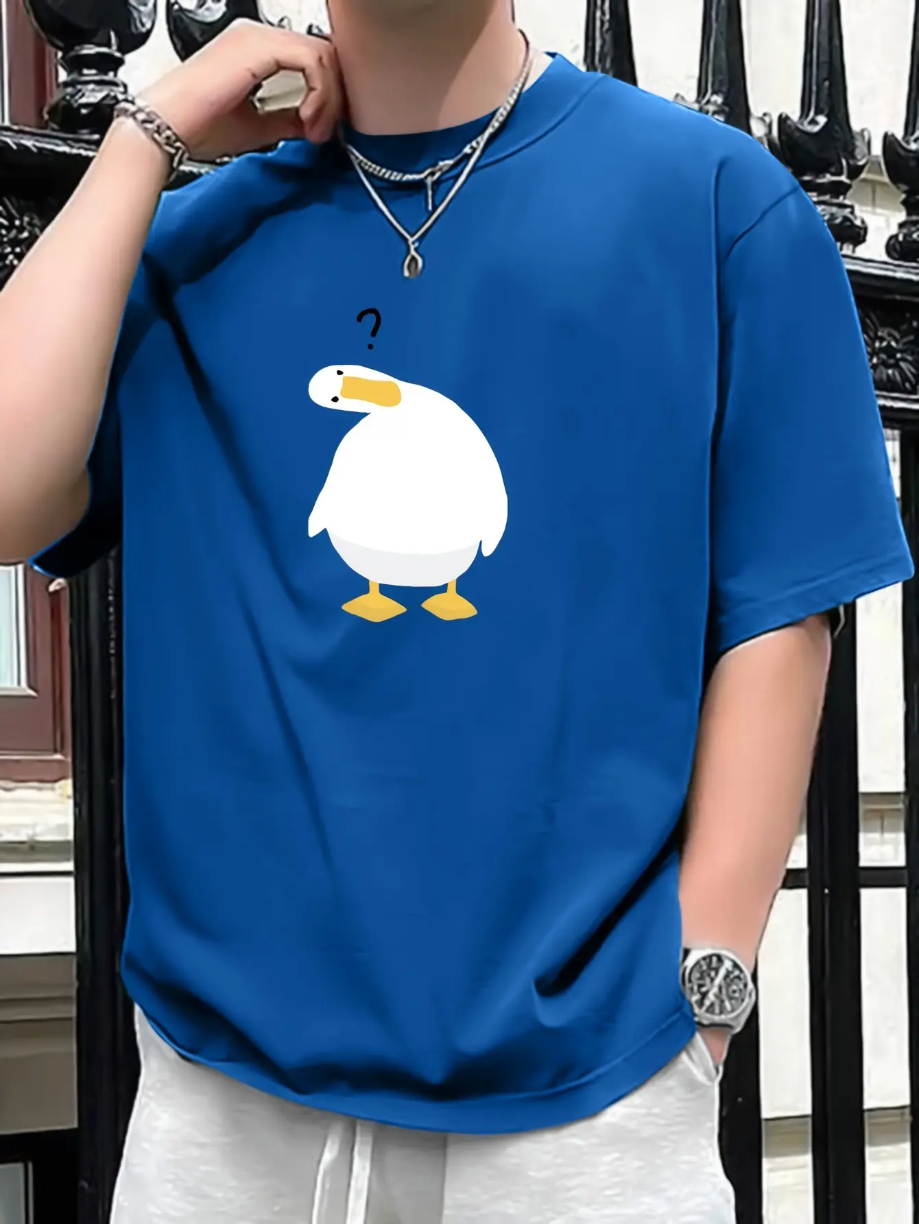 Men's summer 100% pure cotton fashionable casual sports loose cut duck print round neck short sleeved T-shirt top