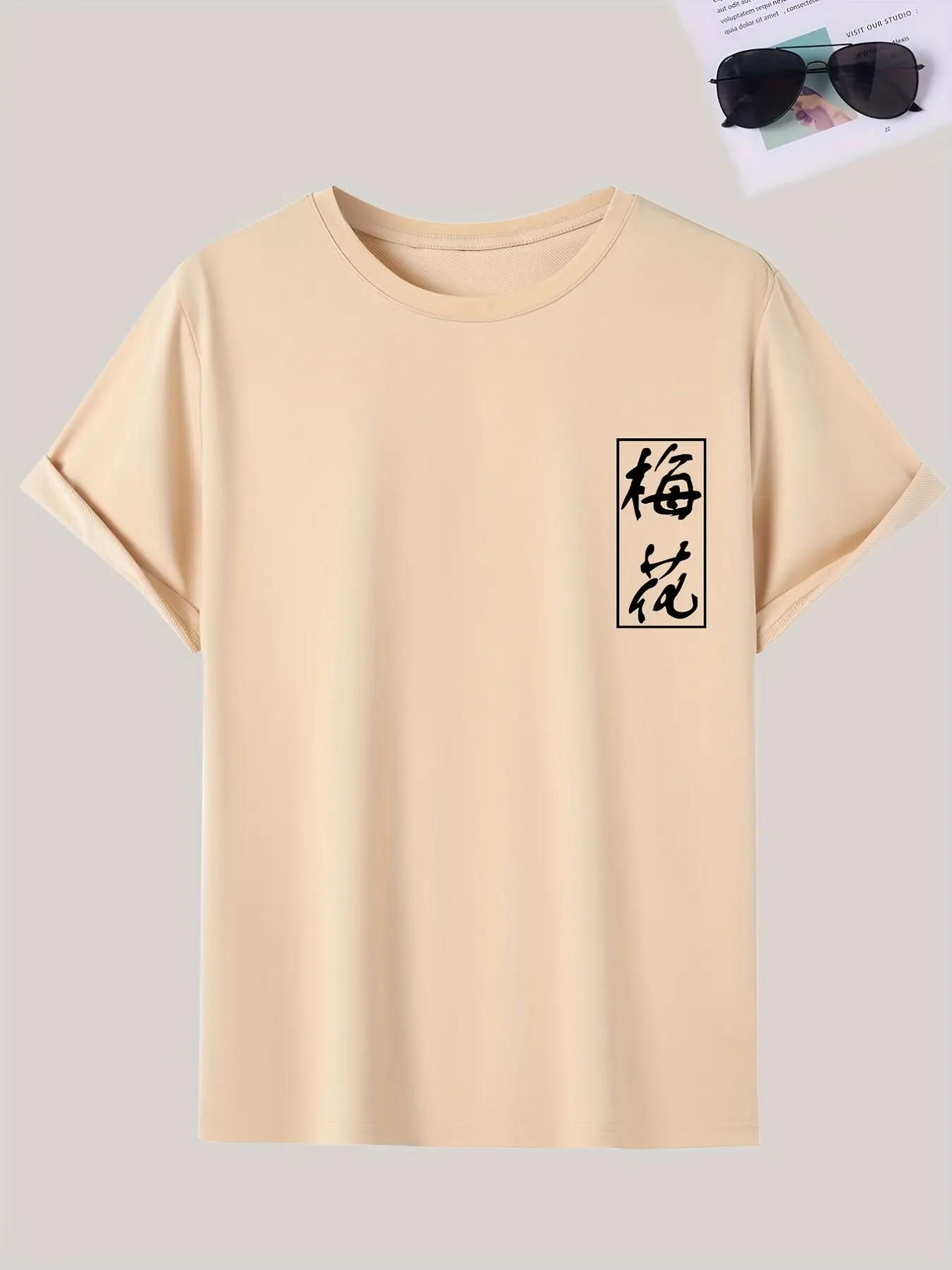 Men's summer 100 pure cotton fashionable casual loose plum blossom Chinese character printed round neck short sleeved T-shirt