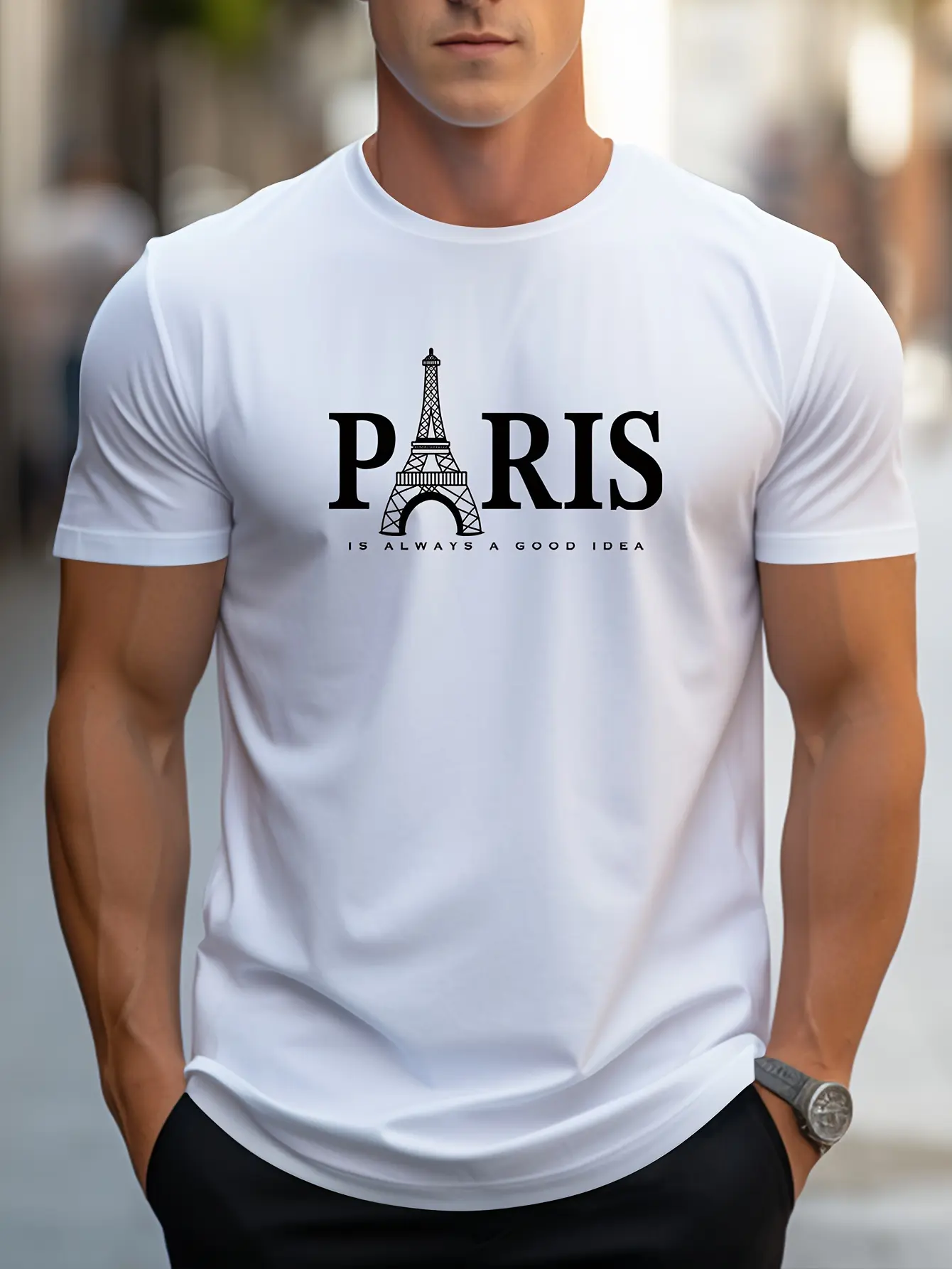 Men's 100% pure cotton summer loose size PARIS letter pattern print casual comfortable round neck short sleeved T-shirt top